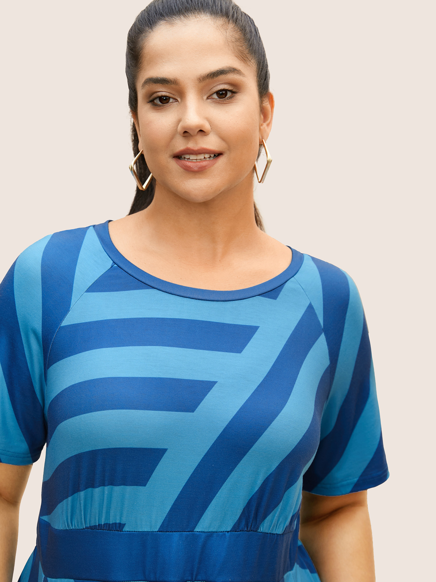 Plus Size Round Neck Striped Raglan Sleeve Dress Teal Women Round Neck Short sleeve Curvy BloomChic 22-24/3X 