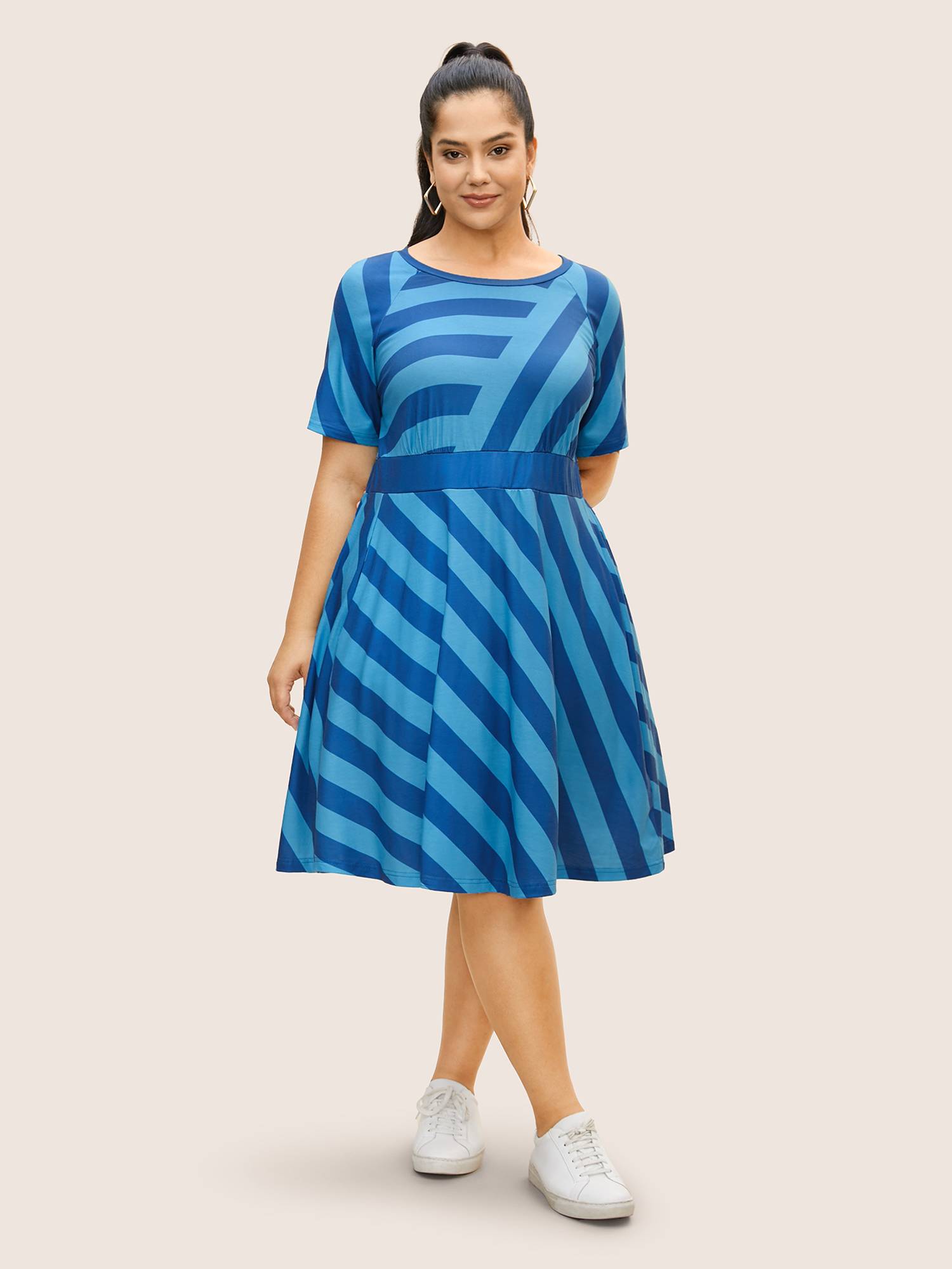 Plus Size Round Neck Striped Raglan Sleeve Dress Teal Women Round Neck Short sleeve Curvy BloomChic 22-24/3X 