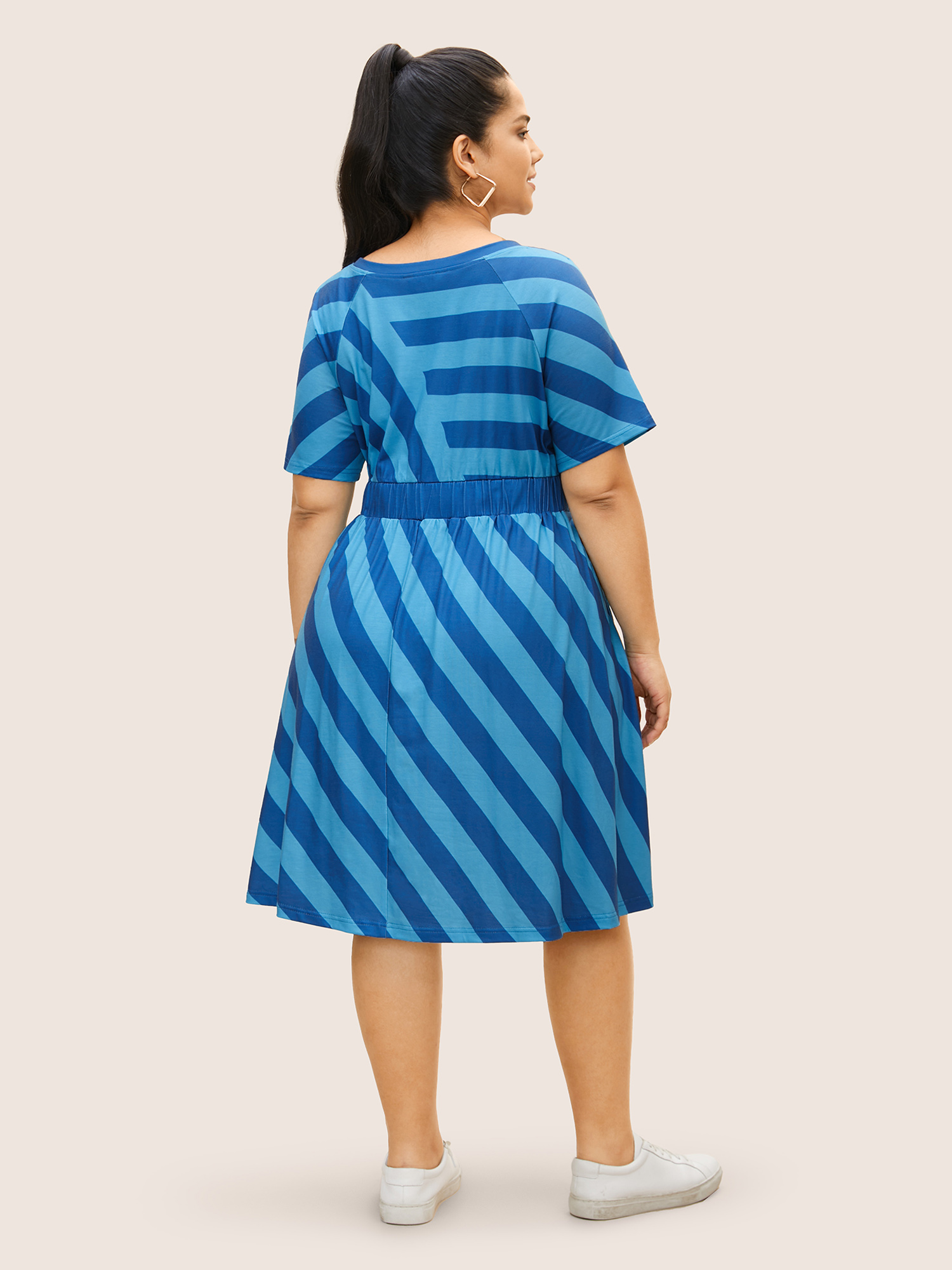 

Plus Size Round Neck Striped Raglan Sleeve Dress Teal Women Casual Round Neck Short sleeve Curvy BloomChic