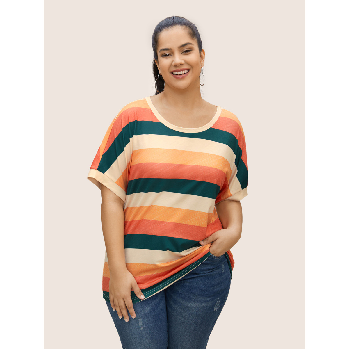 

Plus Size Colored Striped Crew Neck Batwing Sleeve T-shirt Multicolor Women Casual Contrast Round Neck Everyday T-shirts BloomChic