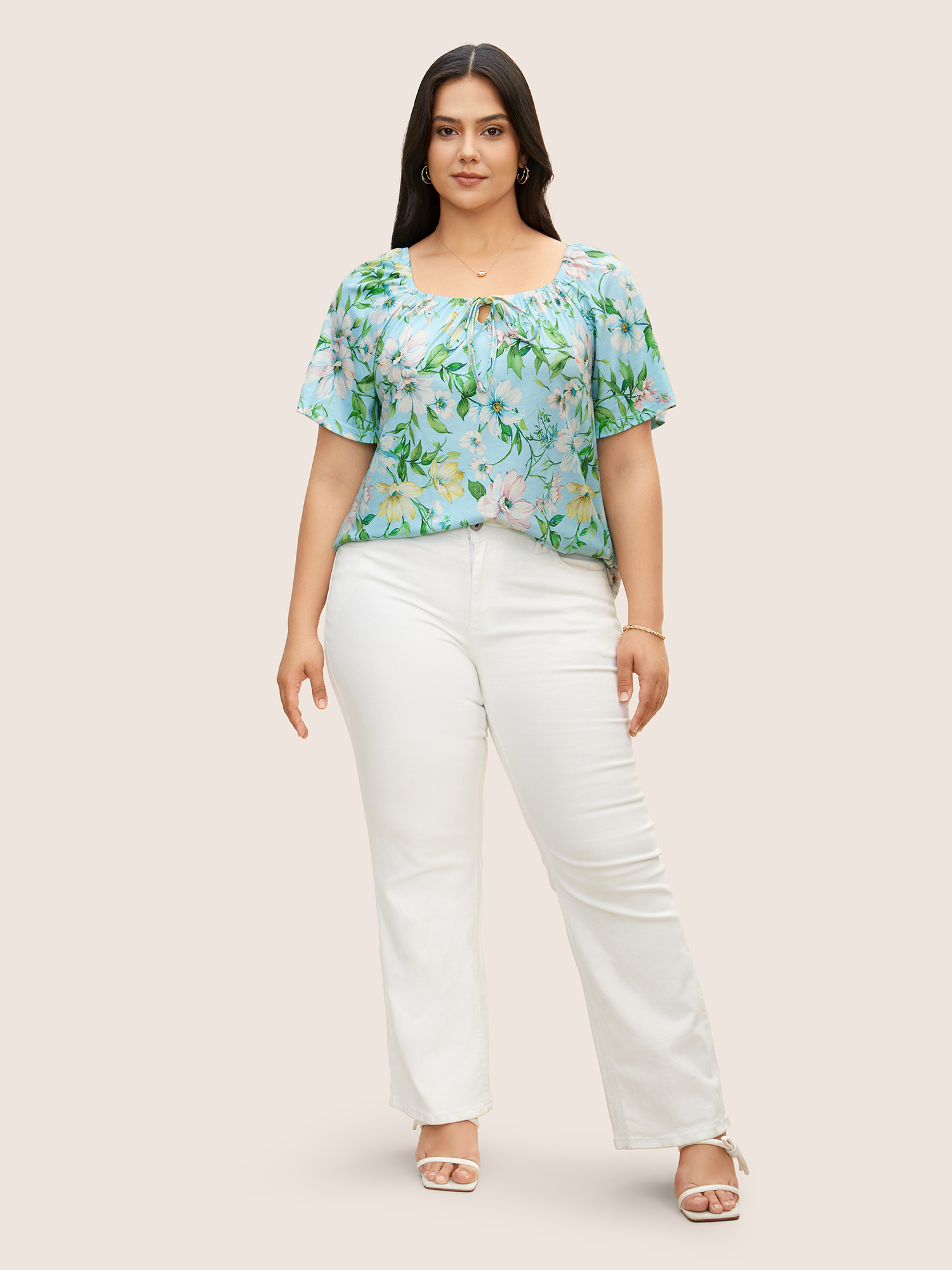 Plus Size Square Neck Natural Flowers Tie Knot T-shirt LightBlue Women Elegant Tie knot Natural Flowers Square Neck Everyday T-shirts BloomChic 22-24/3X 