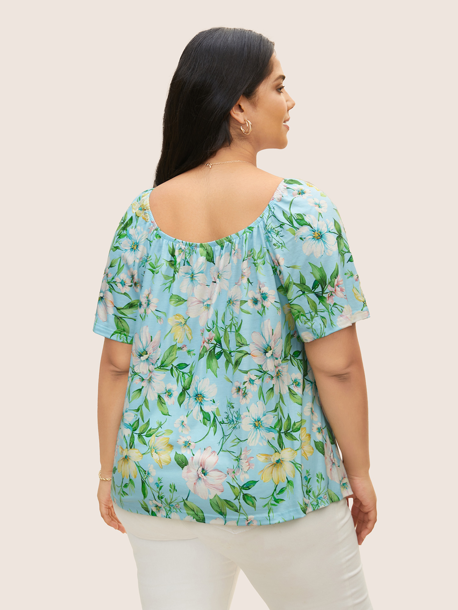 Plus Size Square Neck Natural Flowers Tie Knot T-shirt LightBlue Women Elegant Tie knot Natural Flowers Square Neck Everyday T-shirts BloomChic 22-24/3X 