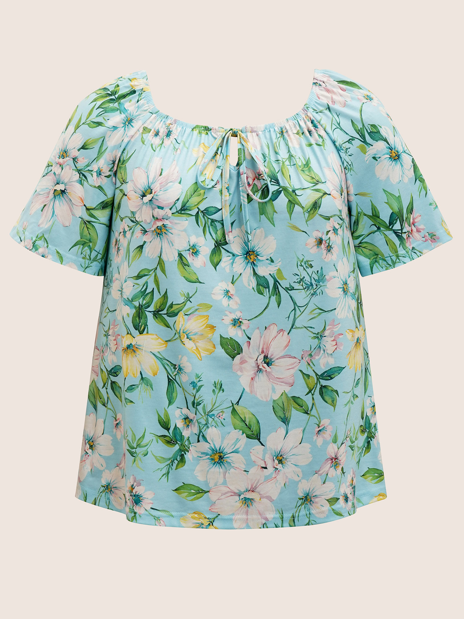 Plus Size Square Neck Natural Flowers Tie Knot T-shirt LightBlue Women Elegant Tie knot Natural Flowers Square Neck Everyday T-shirts BloomChic 22-24/3X 