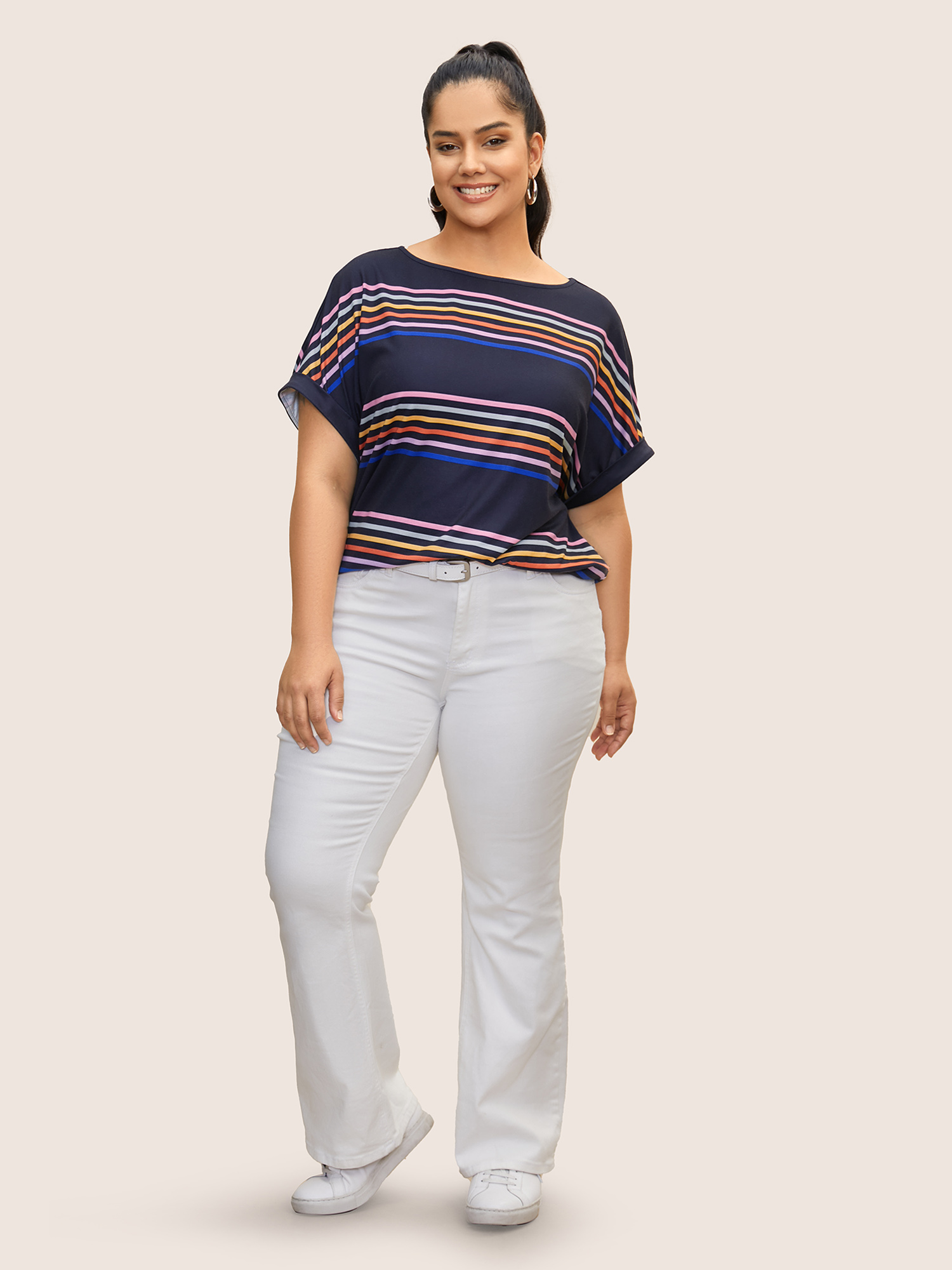 Plus Size Colored Striped Boat Neck Batwing Sleeve T-shirt Indigo Women Casual Contrast Boat Neck Everyday T-shirts BloomChic 26/4X 