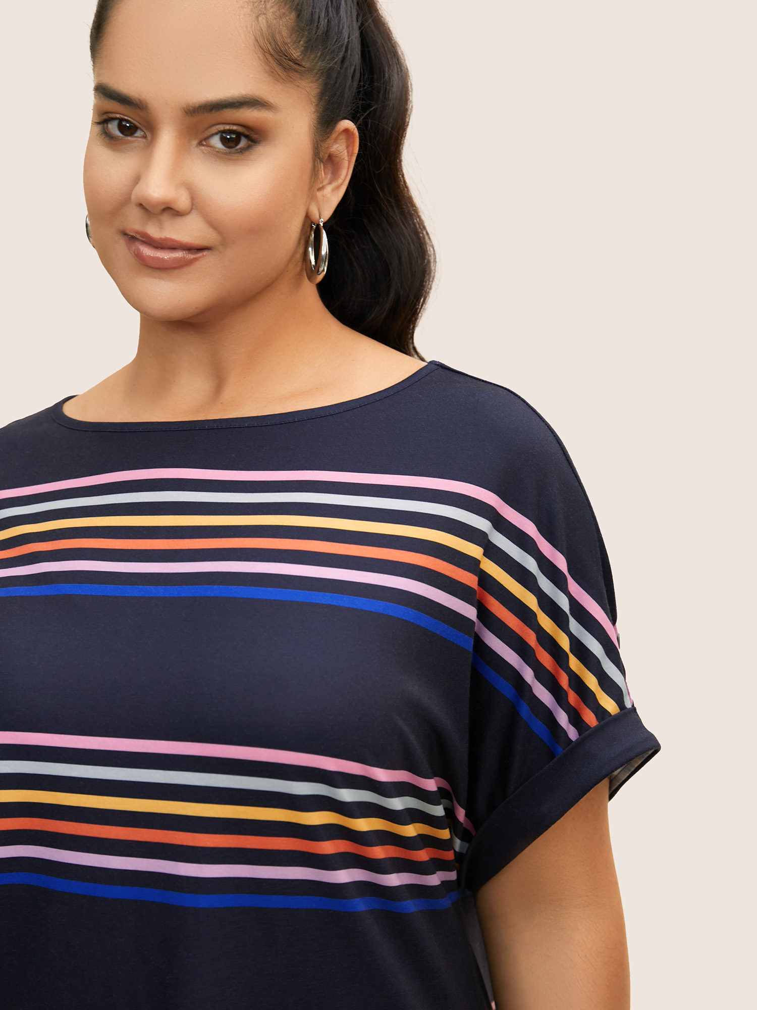Plus Size Colored Striped Boat Neck Batwing Sleeve T-shirt Indigo Women Casual Contrast Boat Neck Everyday T-shirts BloomChic 26/4X 