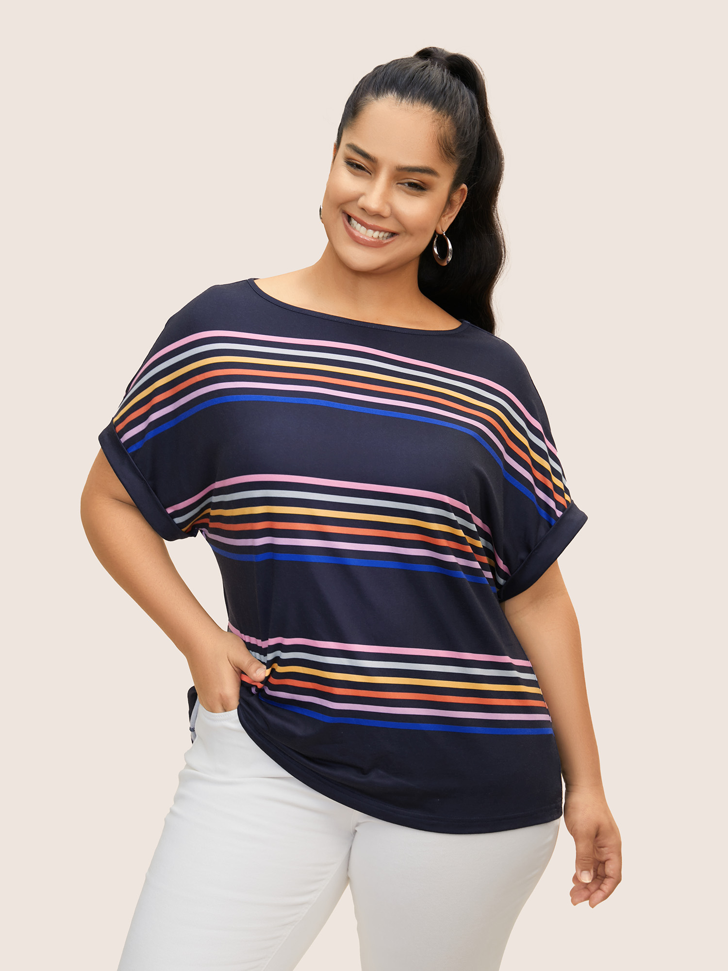Plus Size Colored Striped Boat Neck Batwing Sleeve T-shirt Indigo Women Casual Contrast Boat Neck Everyday T-shirts BloomChic 26/4X 