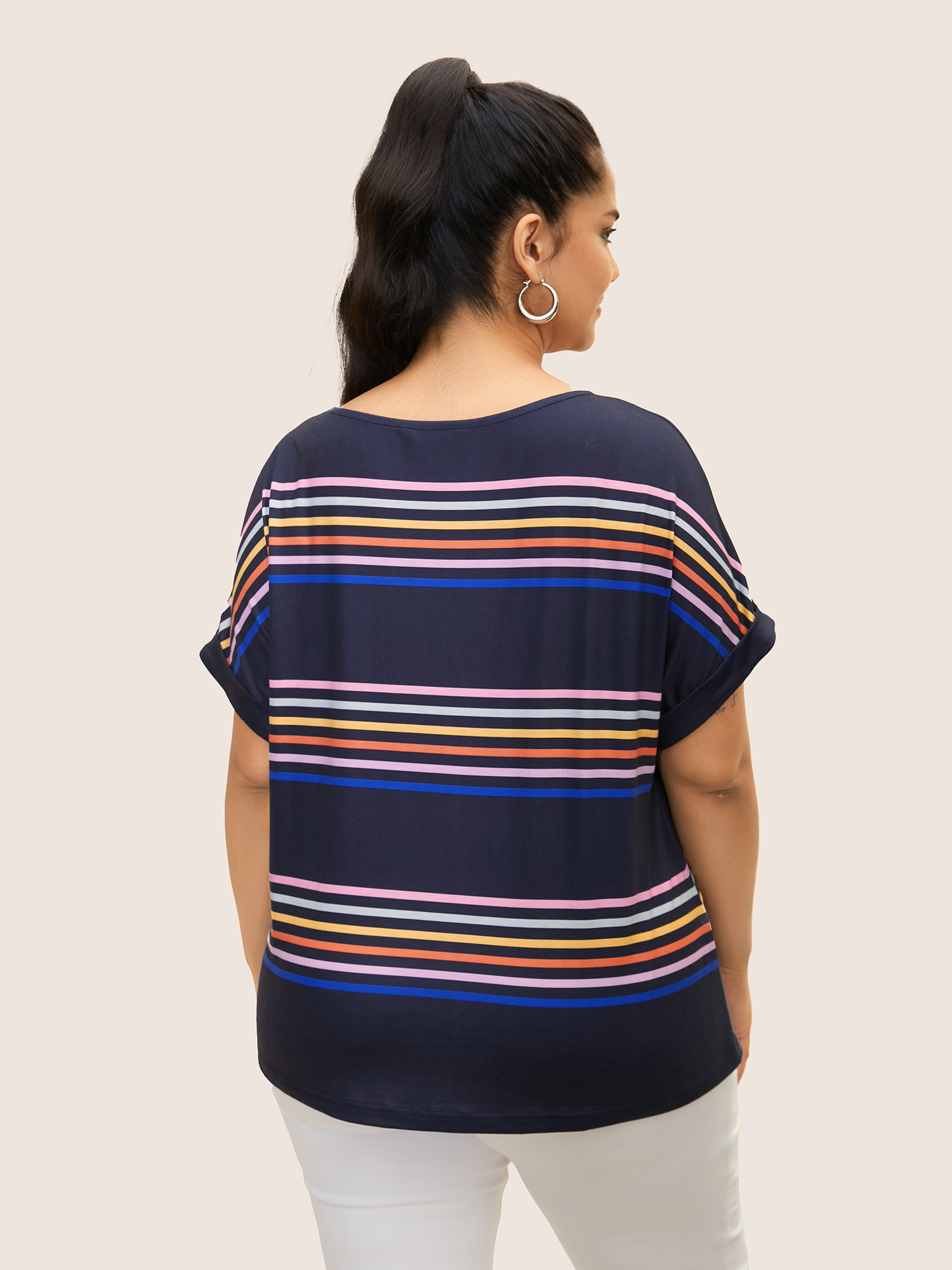 Plus Size Colored Striped Boat Neck Batwing Sleeve T-shirt Indigo Women Casual Contrast Boat Neck Everyday T-shirts BloomChic 26/4X 