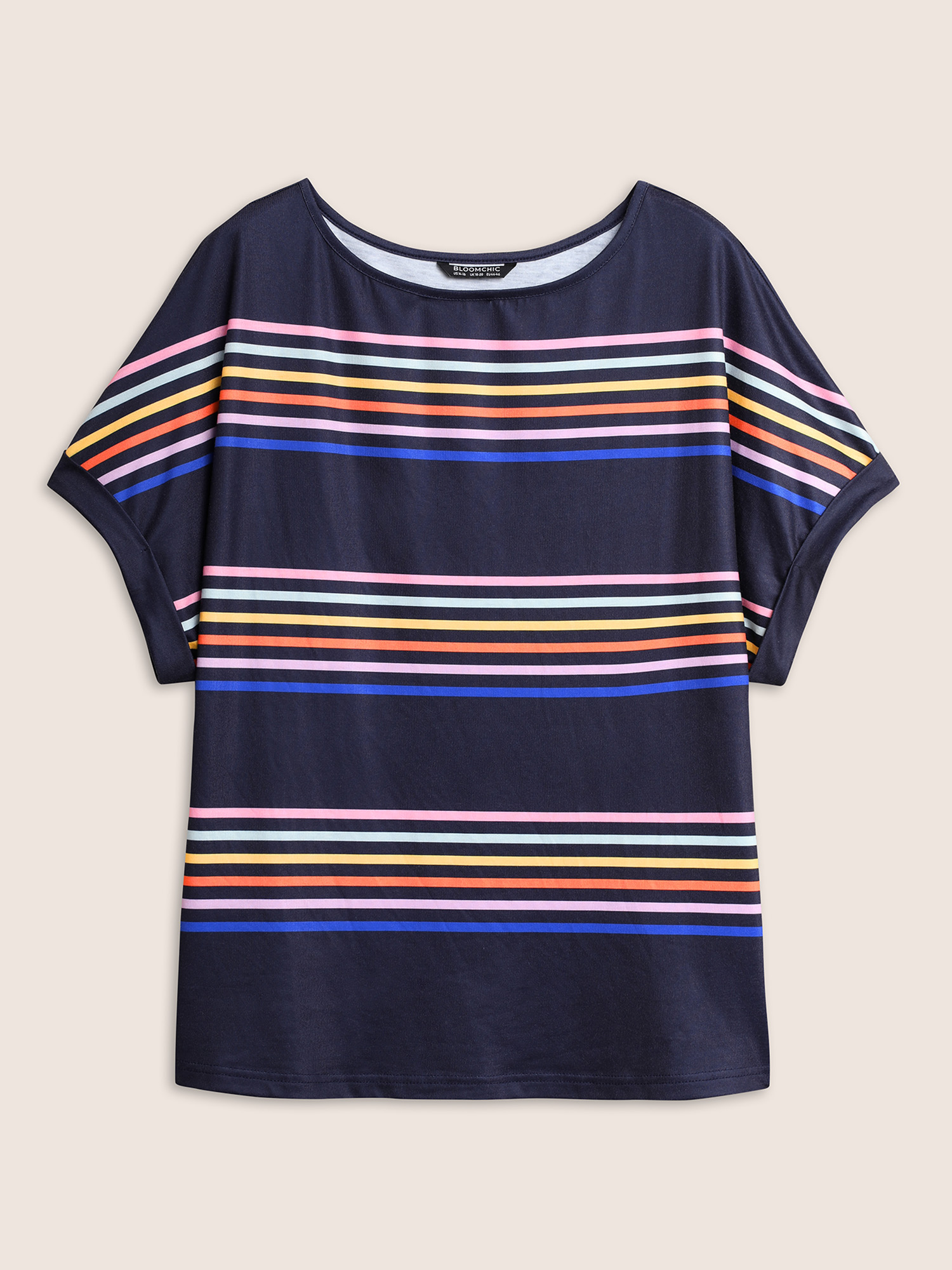 Plus Size Colored Striped Boat Neck Batwing Sleeve T-shirt Indigo Women Casual Contrast Boat Neck Everyday T-shirts BloomChic 26/4X 