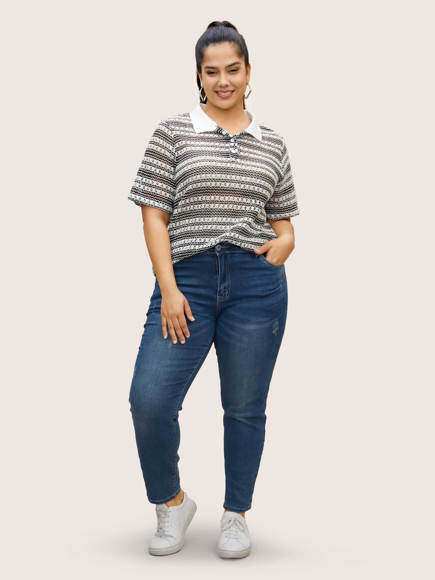 Plus Size Polo Neck Contrast Cut Out Button Up T-shirt Black Women Casual Contrast Polo Everyday T-shirts BloomChic 22-24/3X 