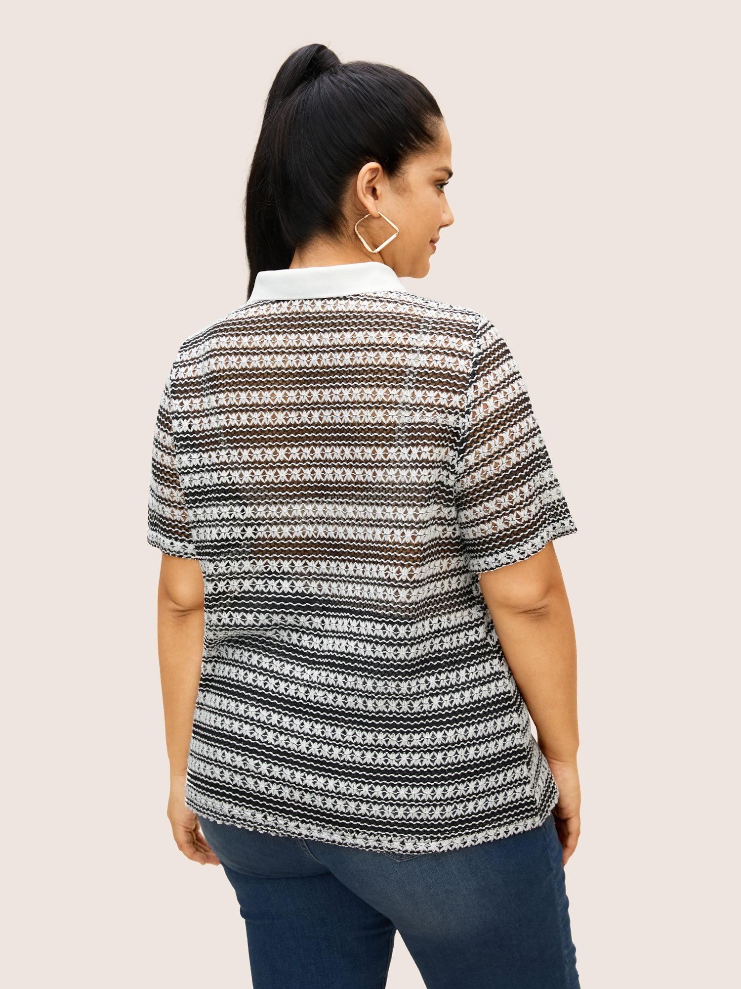 Plus Size Polo Neck Contrast Cut Out Button Up T-shirt Black Women Casual Contrast Polo Everyday T-shirts BloomChic 22-24/3X 