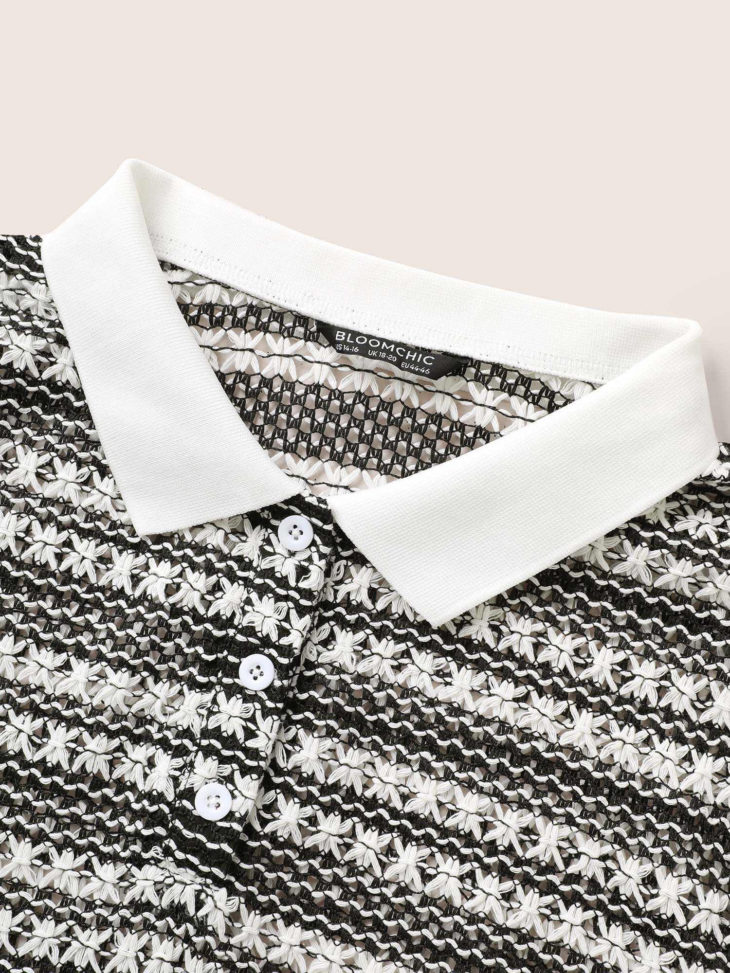 Plus Size Polo Neck Contrast Cut Out Button Up T-shirt Black Women Casual Contrast Polo Everyday T-shirts BloomChic 22-24/3X 