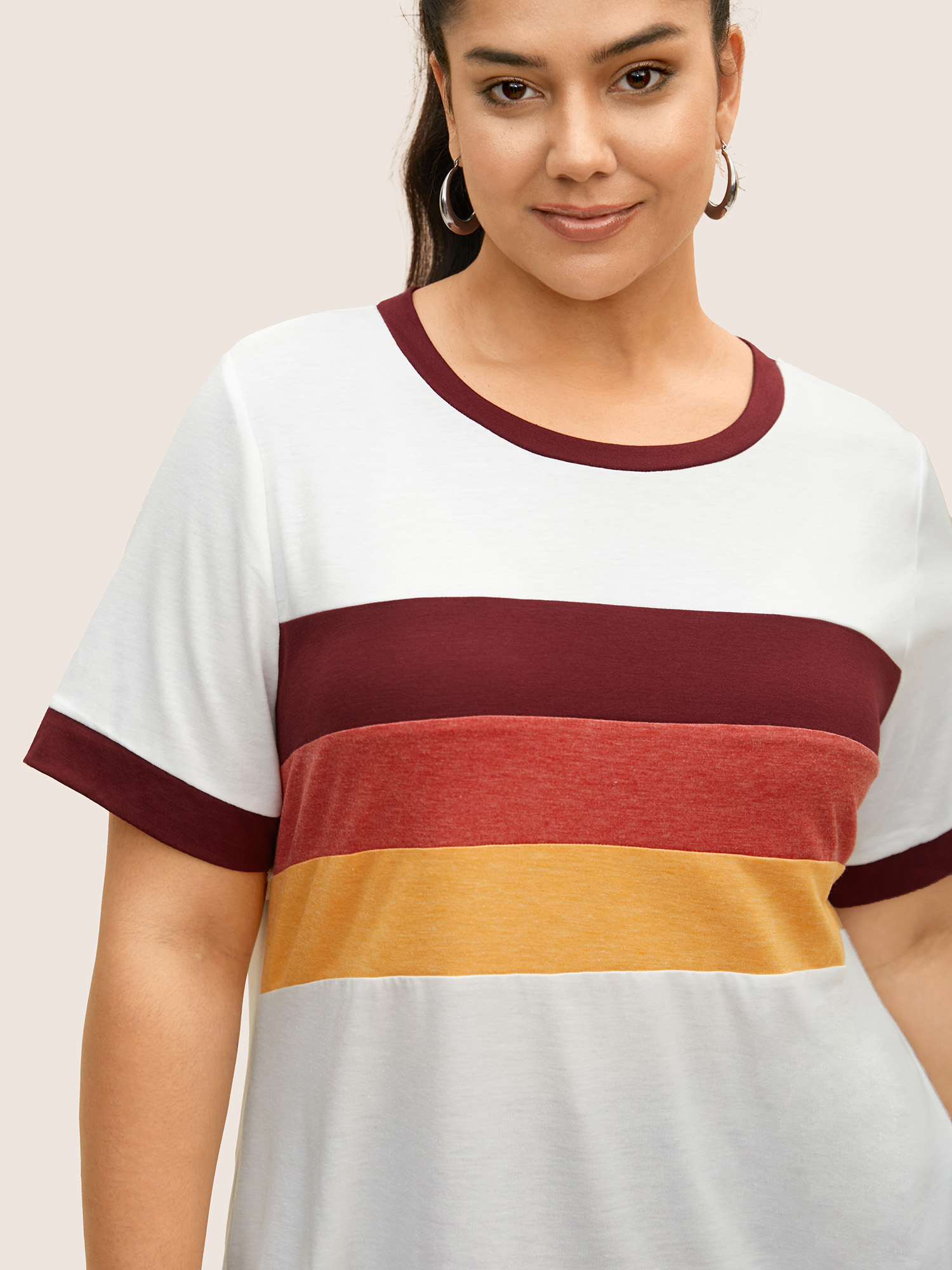 

Plus Size Round Neck Striped Contrast Patchwork T-shirt Originalwhite Women Casual Contrast Round Neck Everyday T-shirts BloomChic