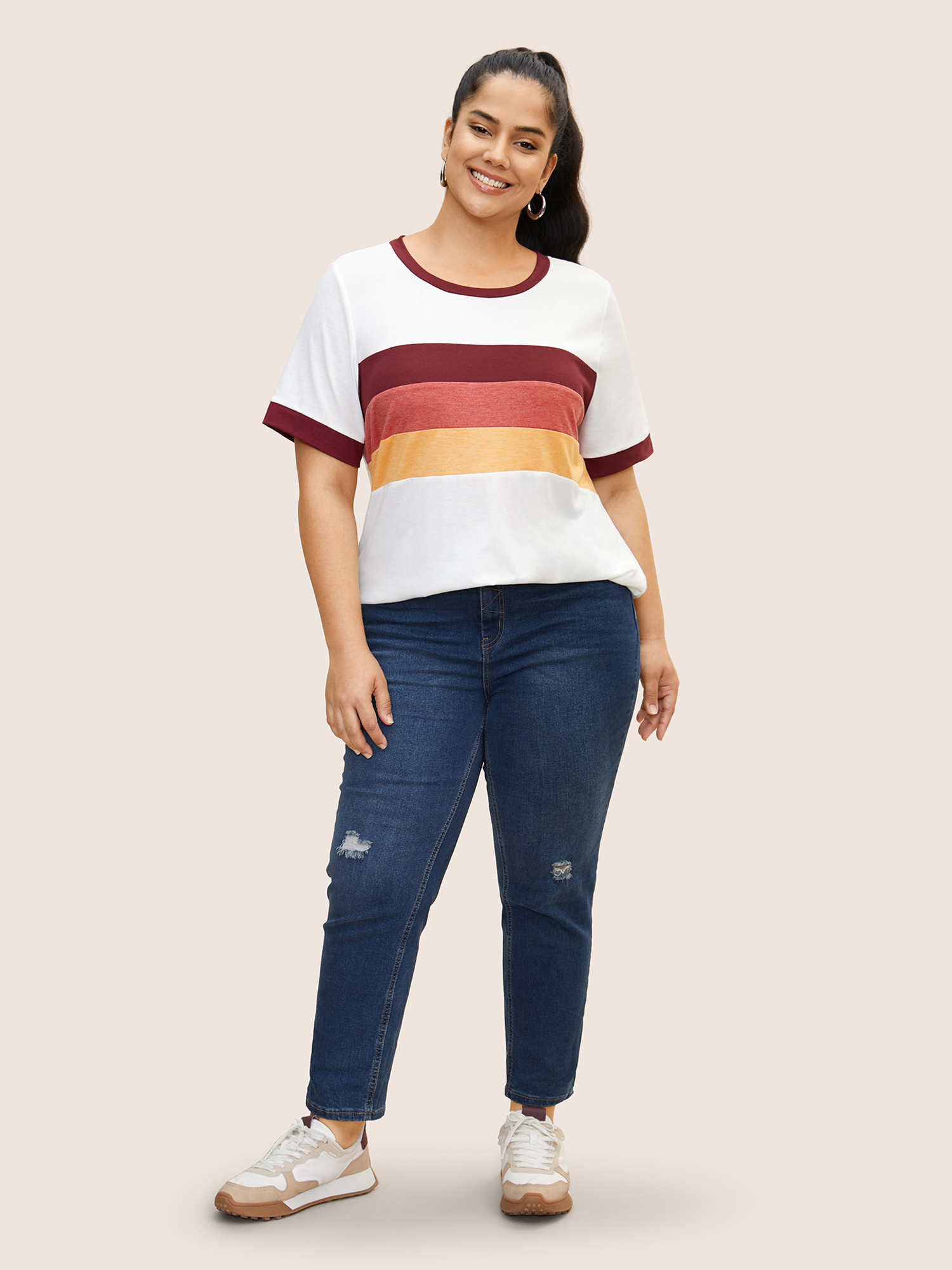 Plus Size Round Neck Striped Contrast Patchwork T-shirt Originalwhite Women Casual Contrast Round Neck Everyday T-shirts BloomChic 30/6X 