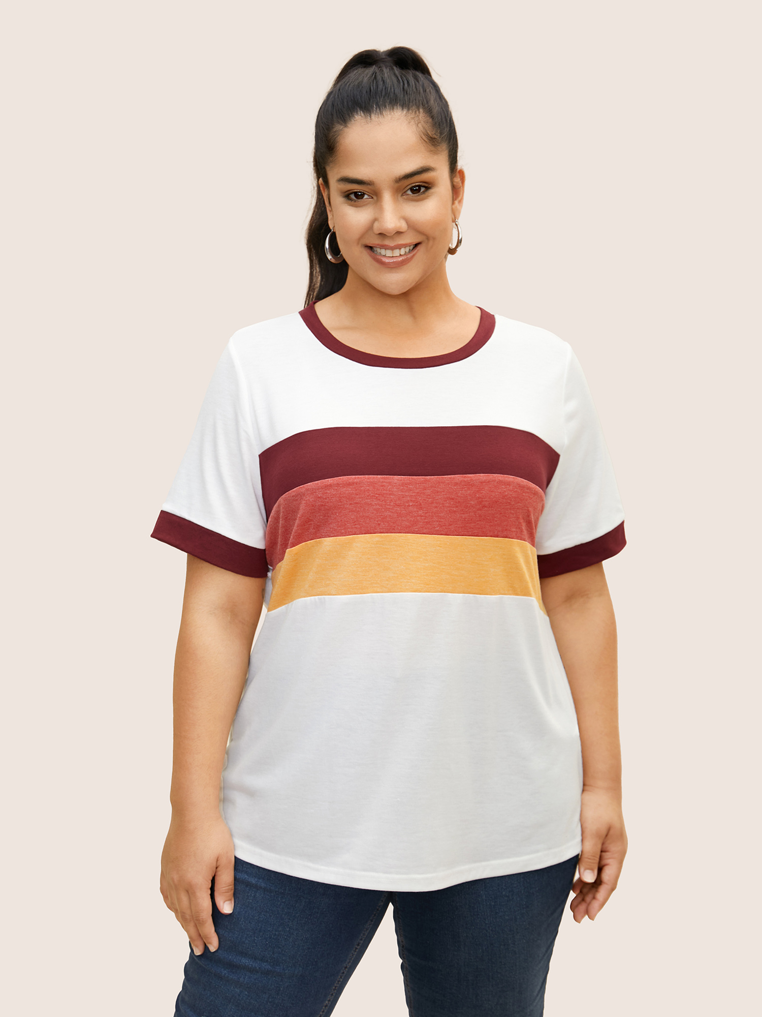 

Plus Size Round Neck Striped Contrast Patchwork T-shirt Originalwhite Women Casual Contrast Round Neck Everyday T-shirts BloomChic