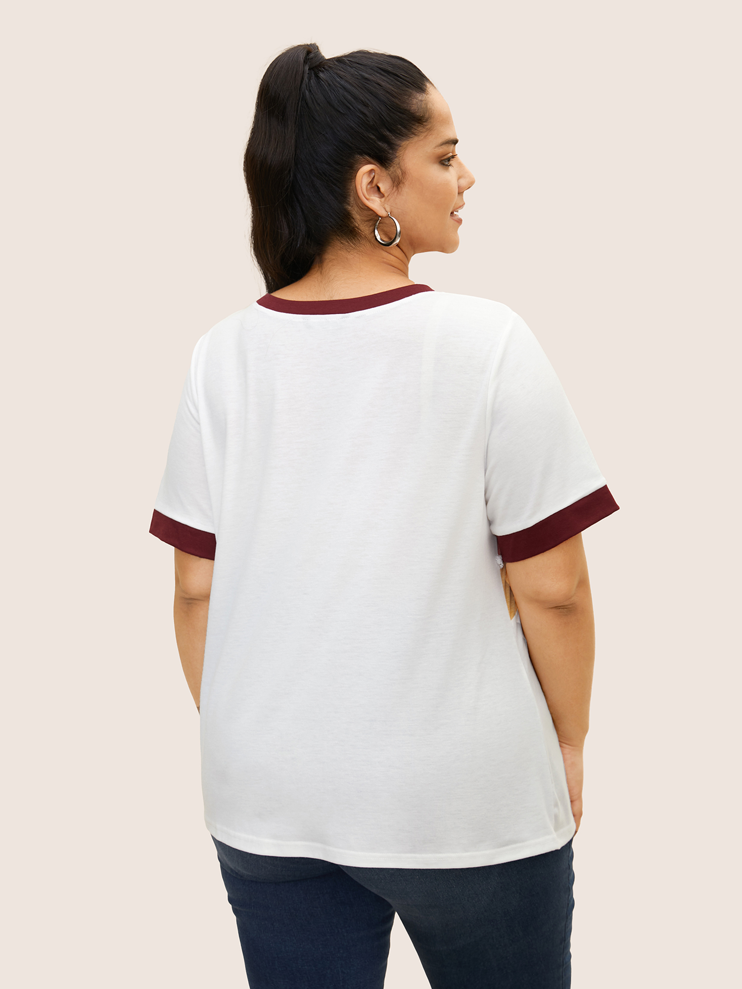 Plus Size Round Neck Striped Contrast Patchwork T-shirt Originalwhite Women Casual Contrast Round Neck Everyday T-shirts BloomChic 30/6X 