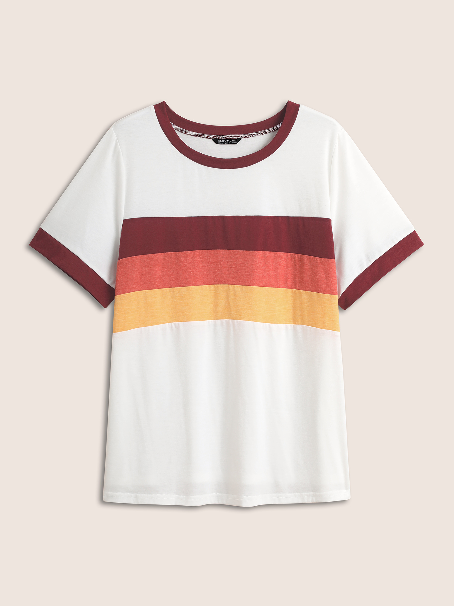Plus Size Round Neck Striped Contrast Patchwork T-shirt Originalwhite Women Casual Contrast Round Neck Everyday T-shirts BloomChic 30/6X 