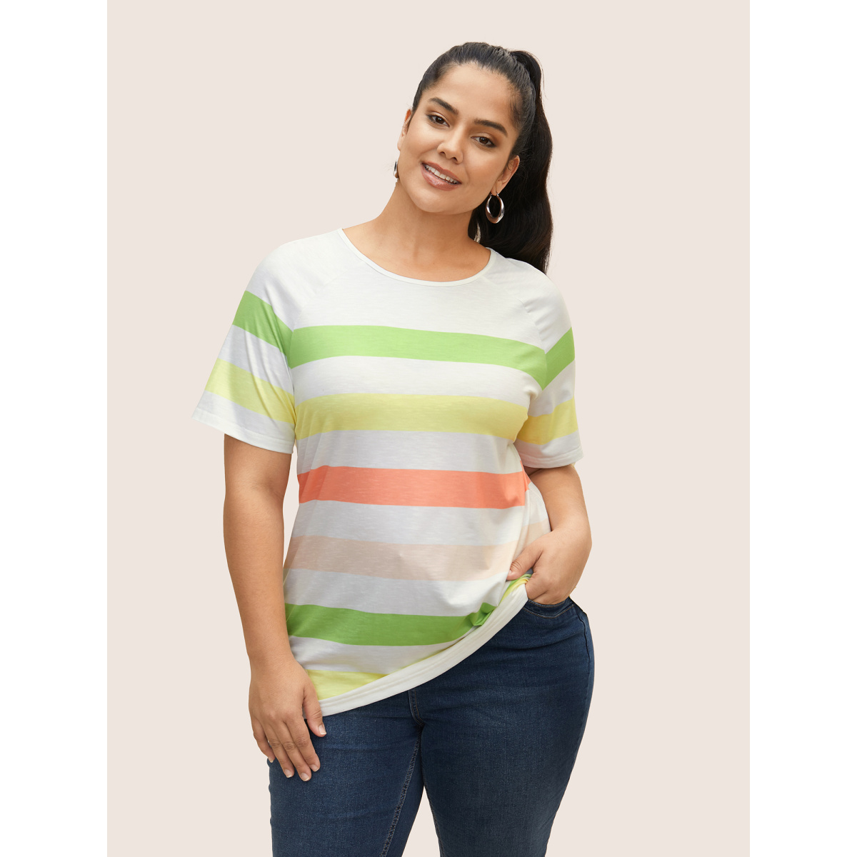 

Plus Size Colored Striped Crew Neck Raglan Sleeve T-shirt Multicolor Women Casual Contrast Round Neck Everyday T-shirts BloomChic