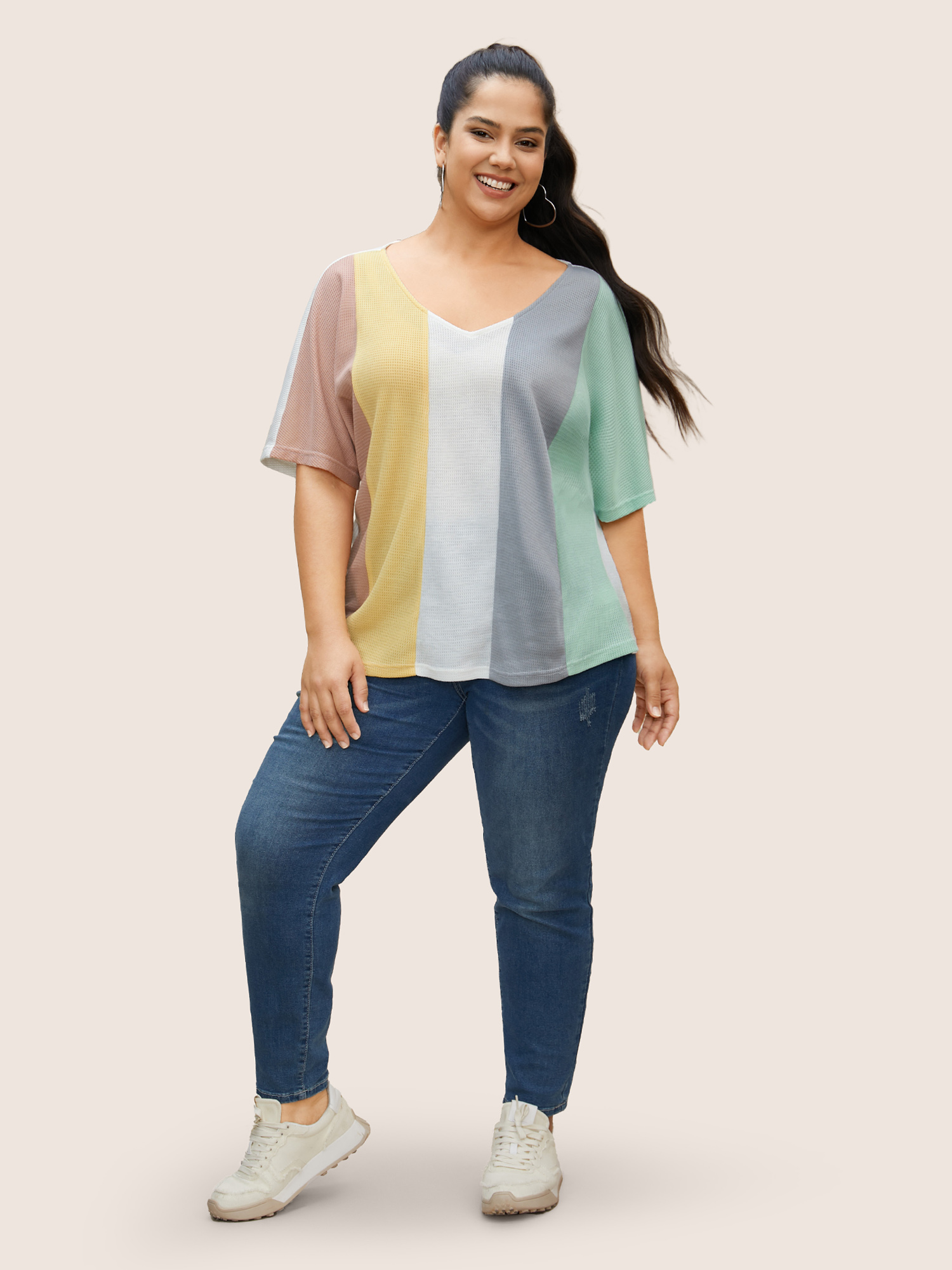 Plus Size Contrast Waffle Knit Dolman Sleeve T-shirt Multicolor Women Casual Contrast V-neck Everyday T-shirts BloomChic 14-16/1X 