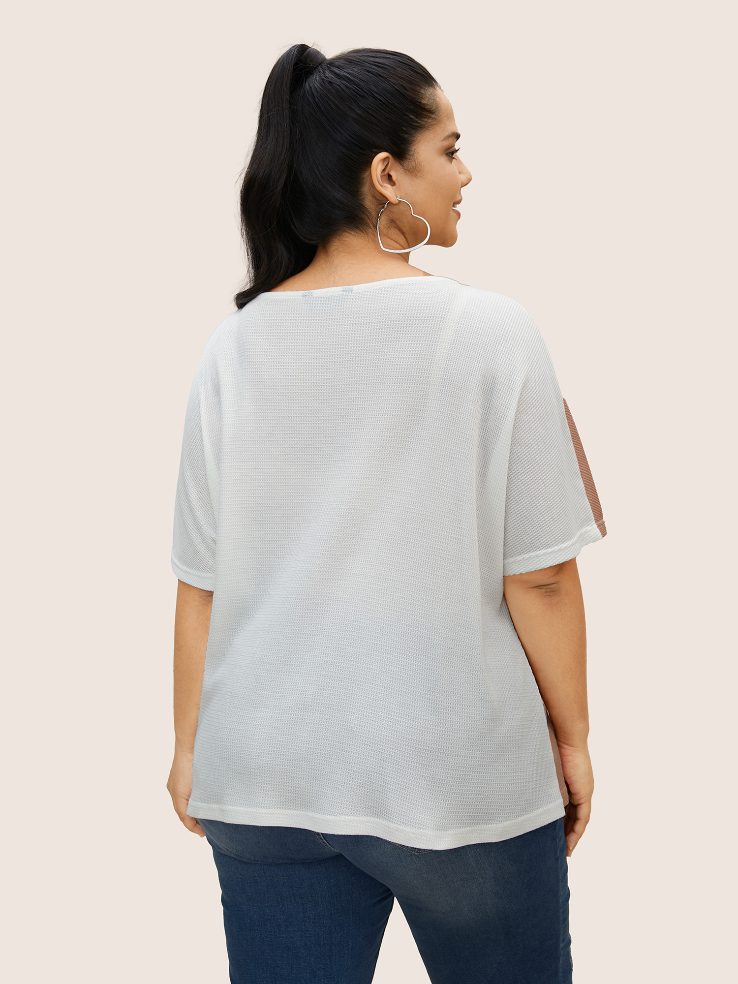 Plus Size Contrast Waffle Knit Dolman Sleeve T-shirt Multicolor Women Casual Contrast V-neck Everyday T-shirts BloomChic 14-16/1X 