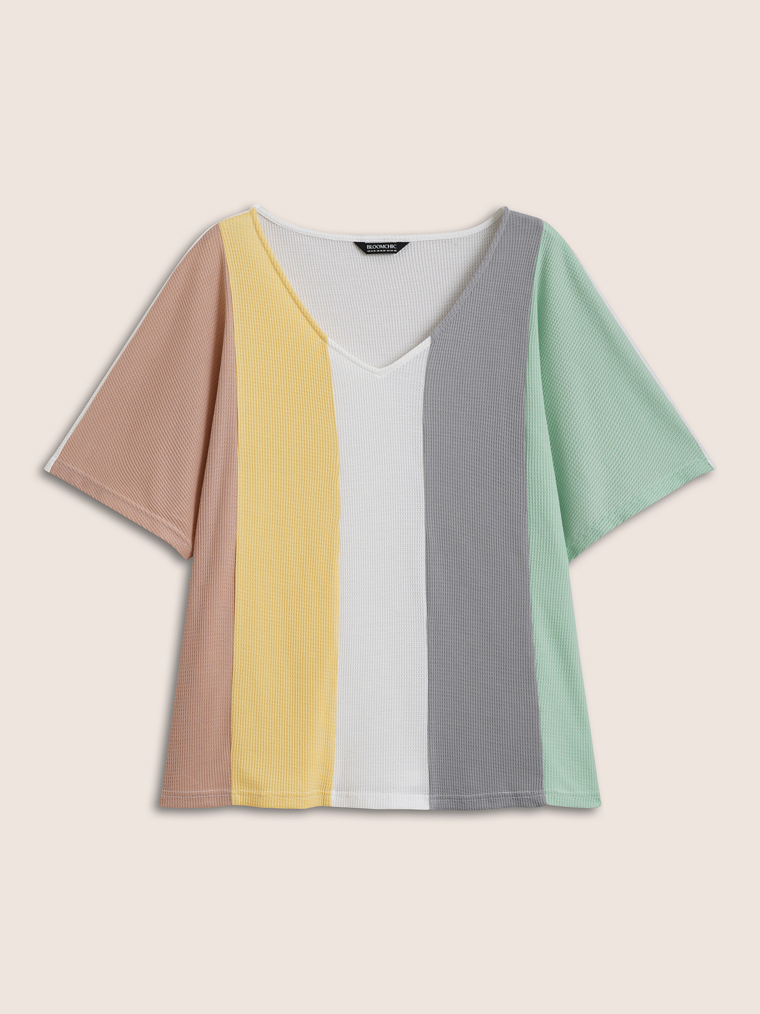 Plus Size Contrast Waffle Knit Dolman Sleeve T-shirt Multicolor Women Casual Contrast V-neck Everyday T-shirts BloomChic 14-16/1X 
