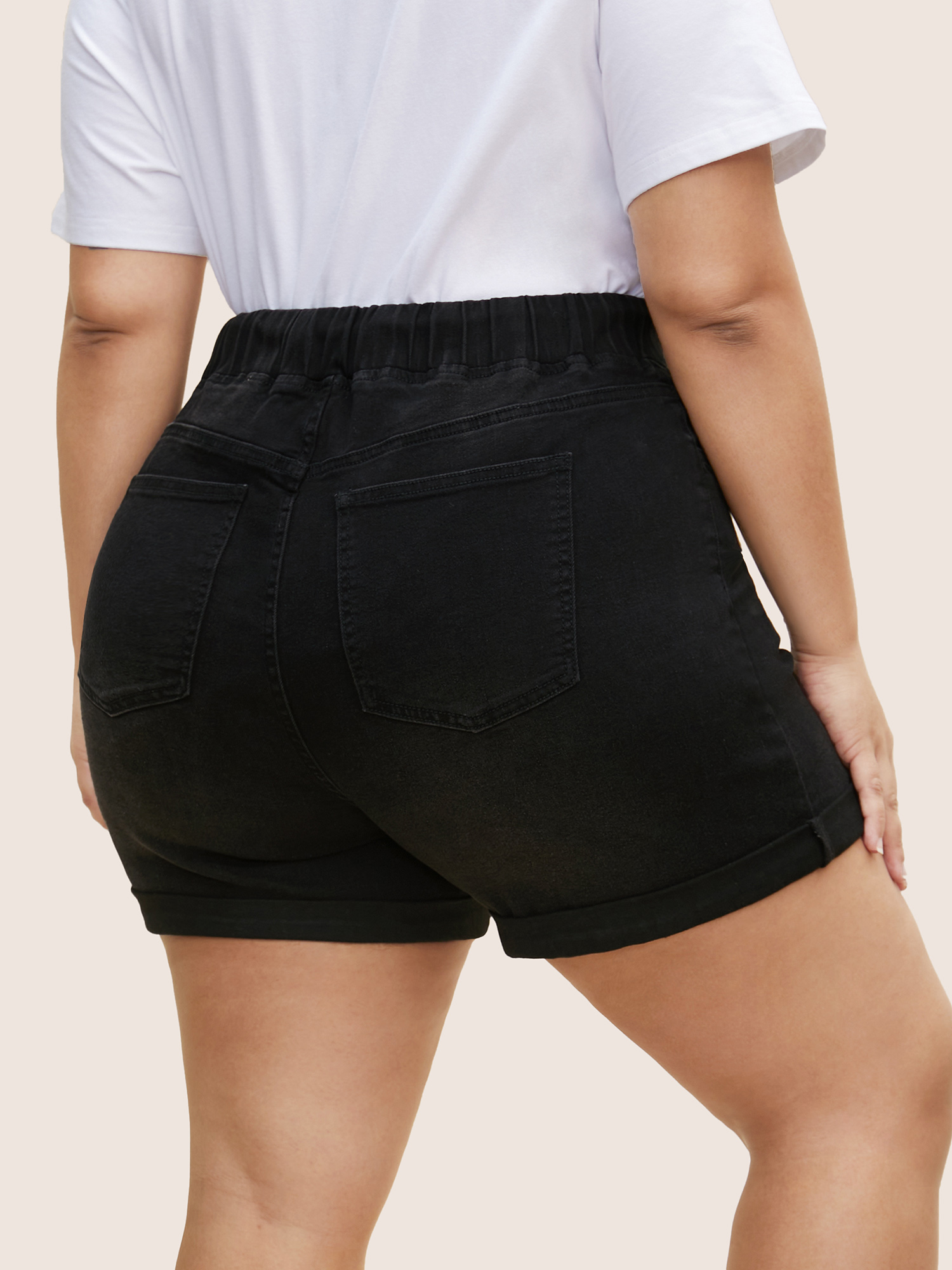 Plus Size Distressed Drawstring Roll Hem Denim Shorts Women Black Drawstring High stretch Everyday Slanted pocket Casual Denim Shorts BloomChic 24/3X 