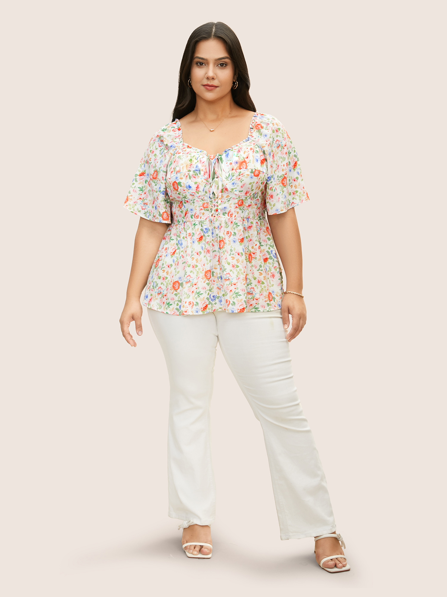 Plus Size Multicolor Heart Neckline Floral Frill Trim Blouse Women Elegant Short sleeve Heart neckline Everyday Blouses BloomChic 26/4X 