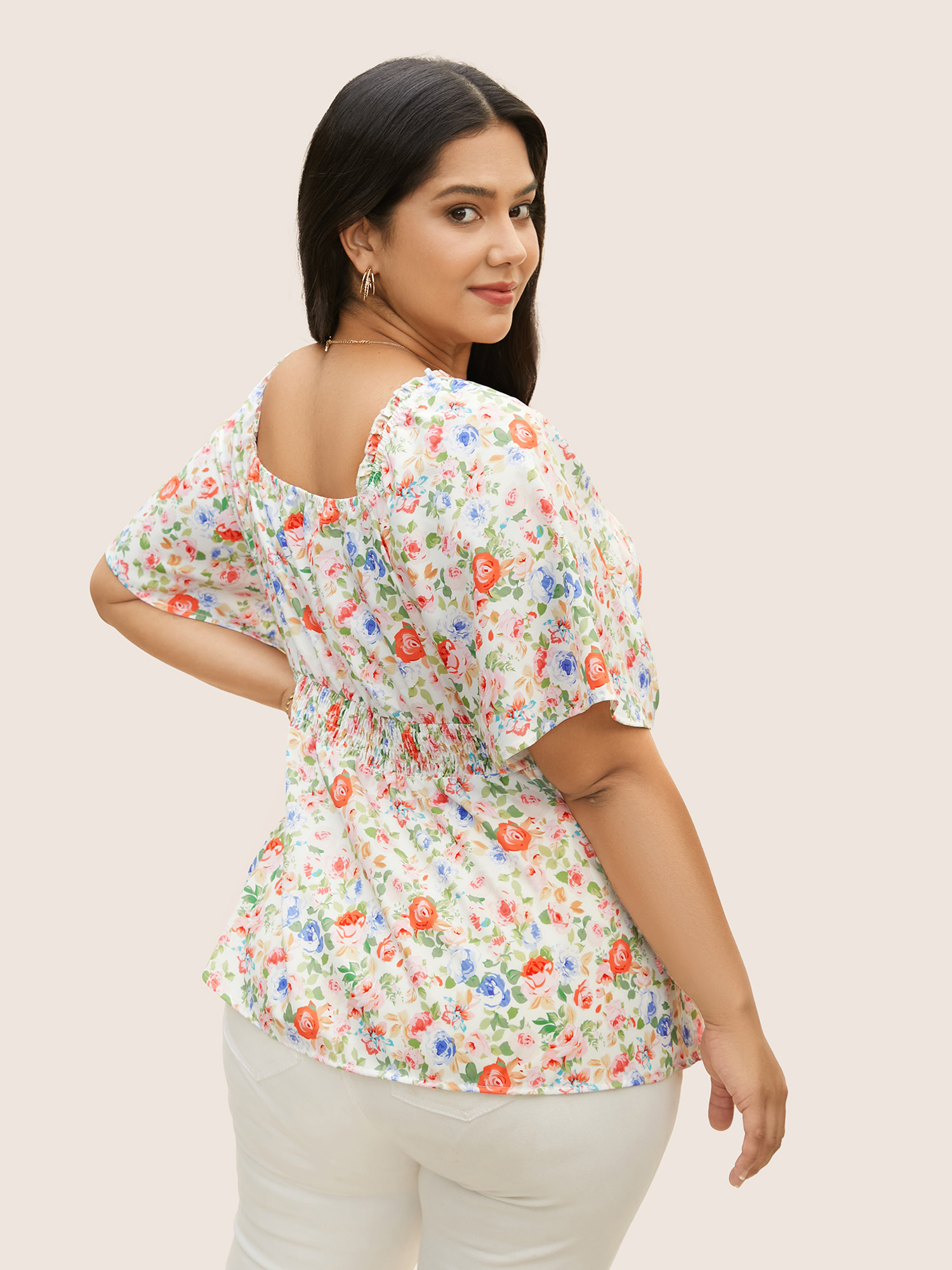 Plus Size Multicolor Heart Neckline Floral Frill Trim Blouse Women Elegant Short sleeve Heart neckline Everyday Blouses BloomChic 26/4X 