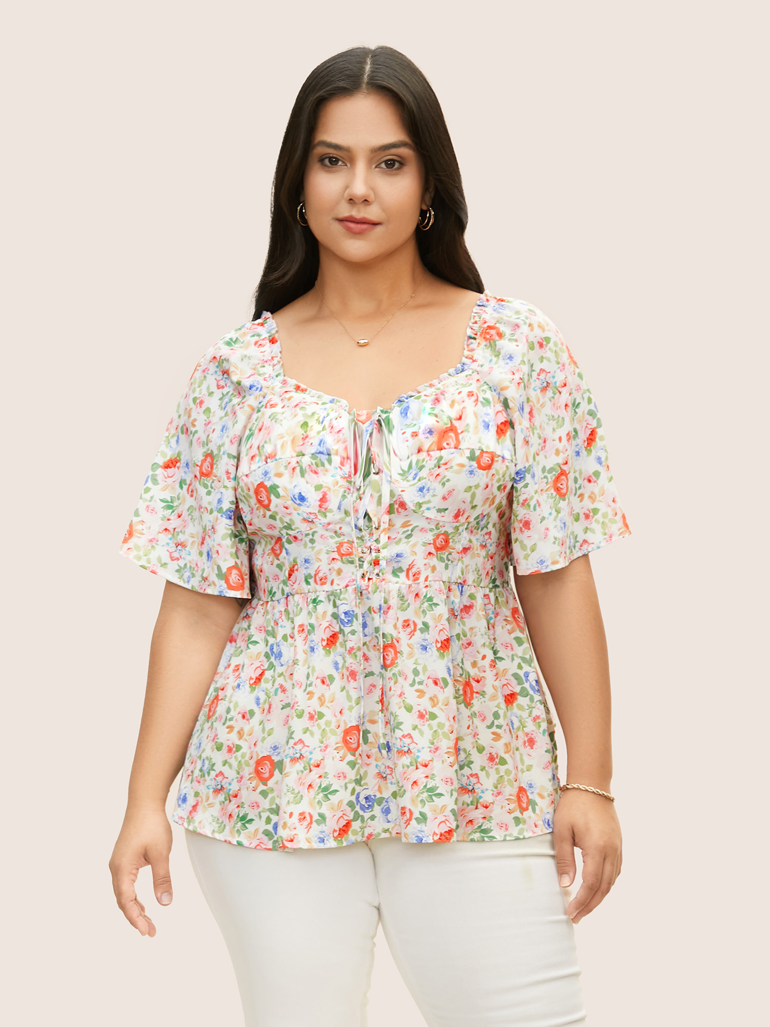 Plus Size Multicolor Heart Neckline Floral Frill Trim Blouse Women Elegant Short sleeve Heart neckline Everyday Blouses BloomChic 26/4X 