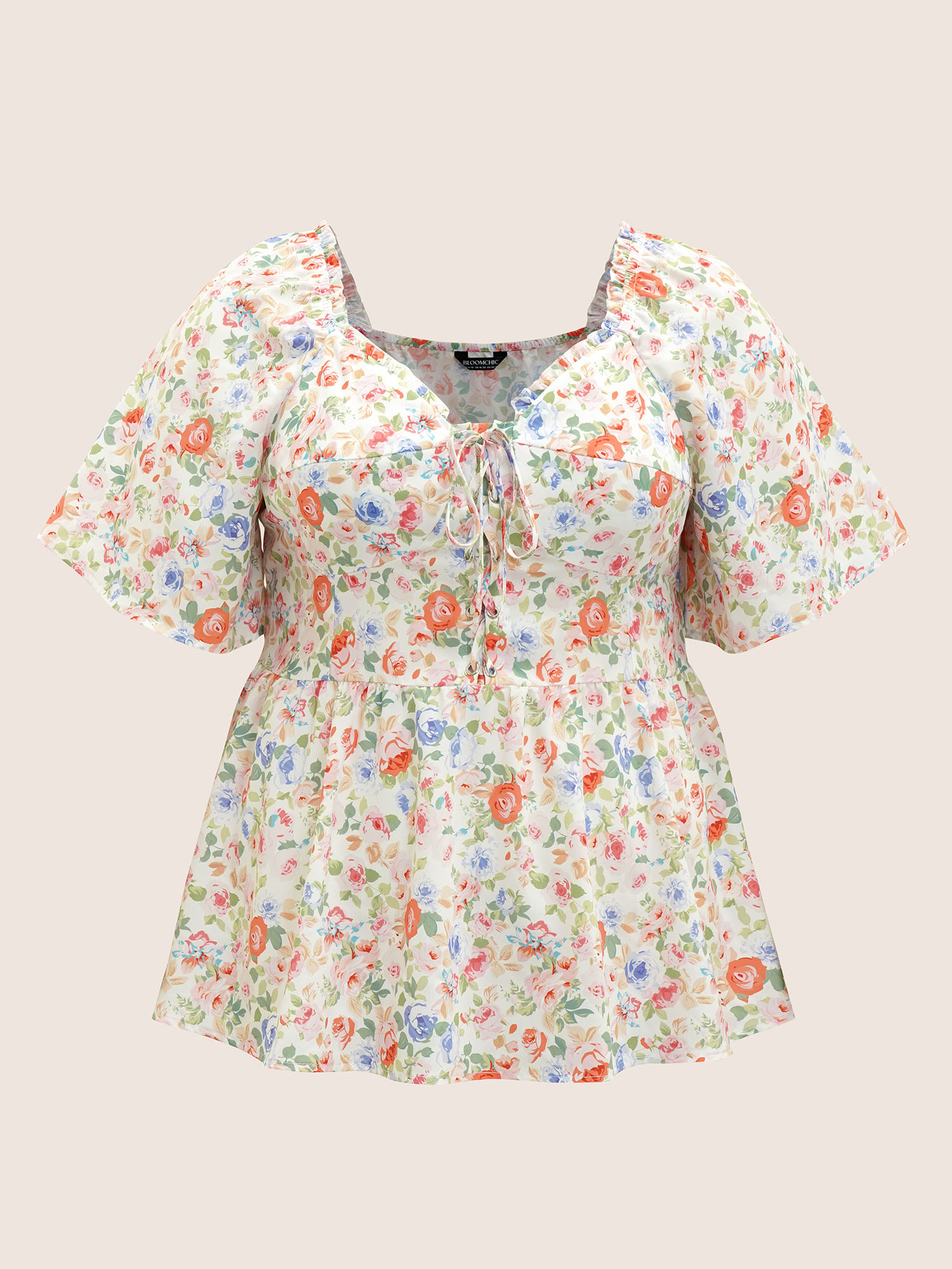 Plus Size Multicolor Heart Neckline Floral Frill Trim Blouse Women Elegant Short sleeve Heart neckline Everyday Blouses BloomChic 26/4X 