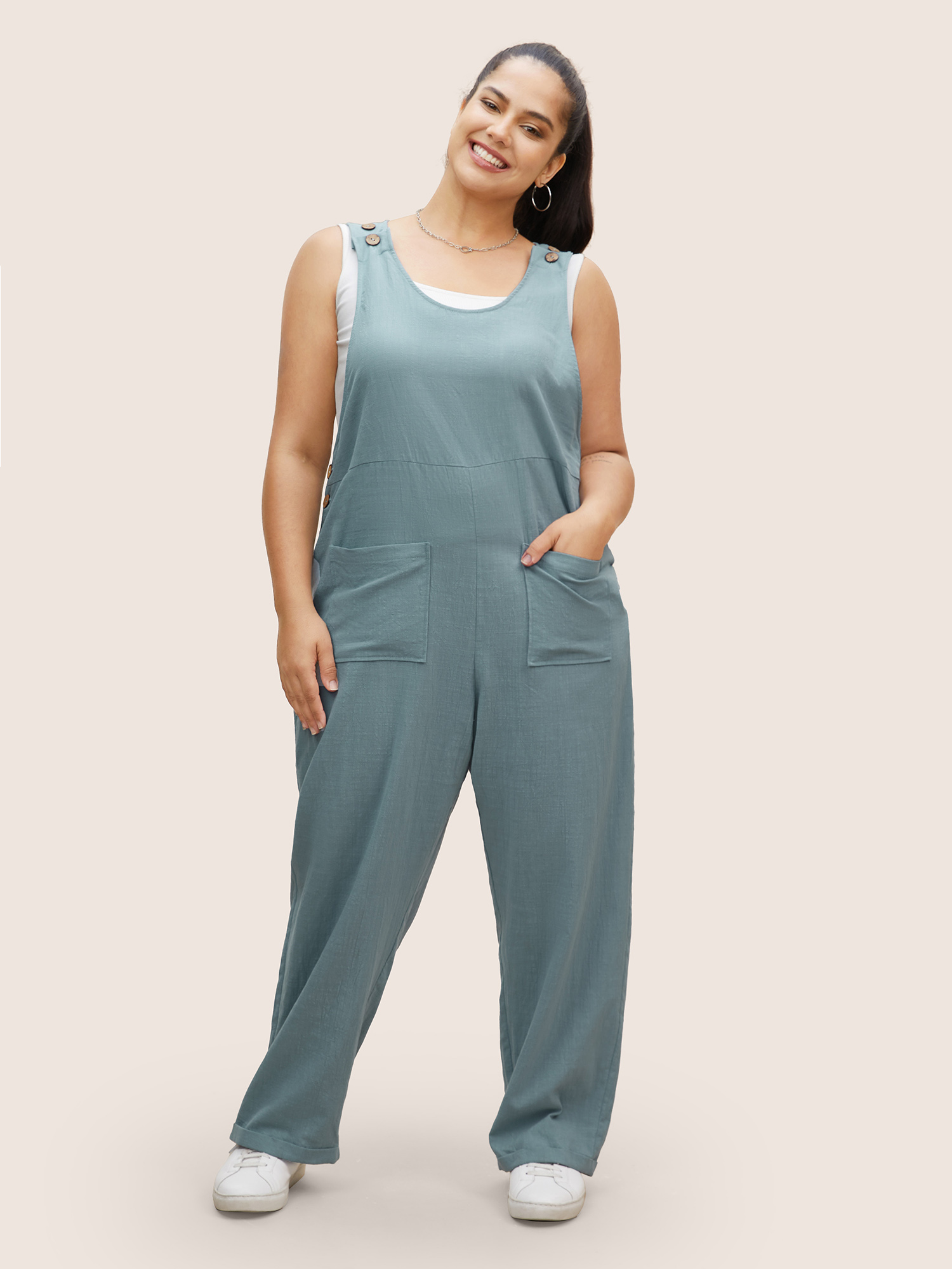 

Plus Size Stone Cotton Solid Patch Pocket Button Detail Jumpsuit Women Casual Sleeveless Non Everyday Loose Jumpsuits BloomChic