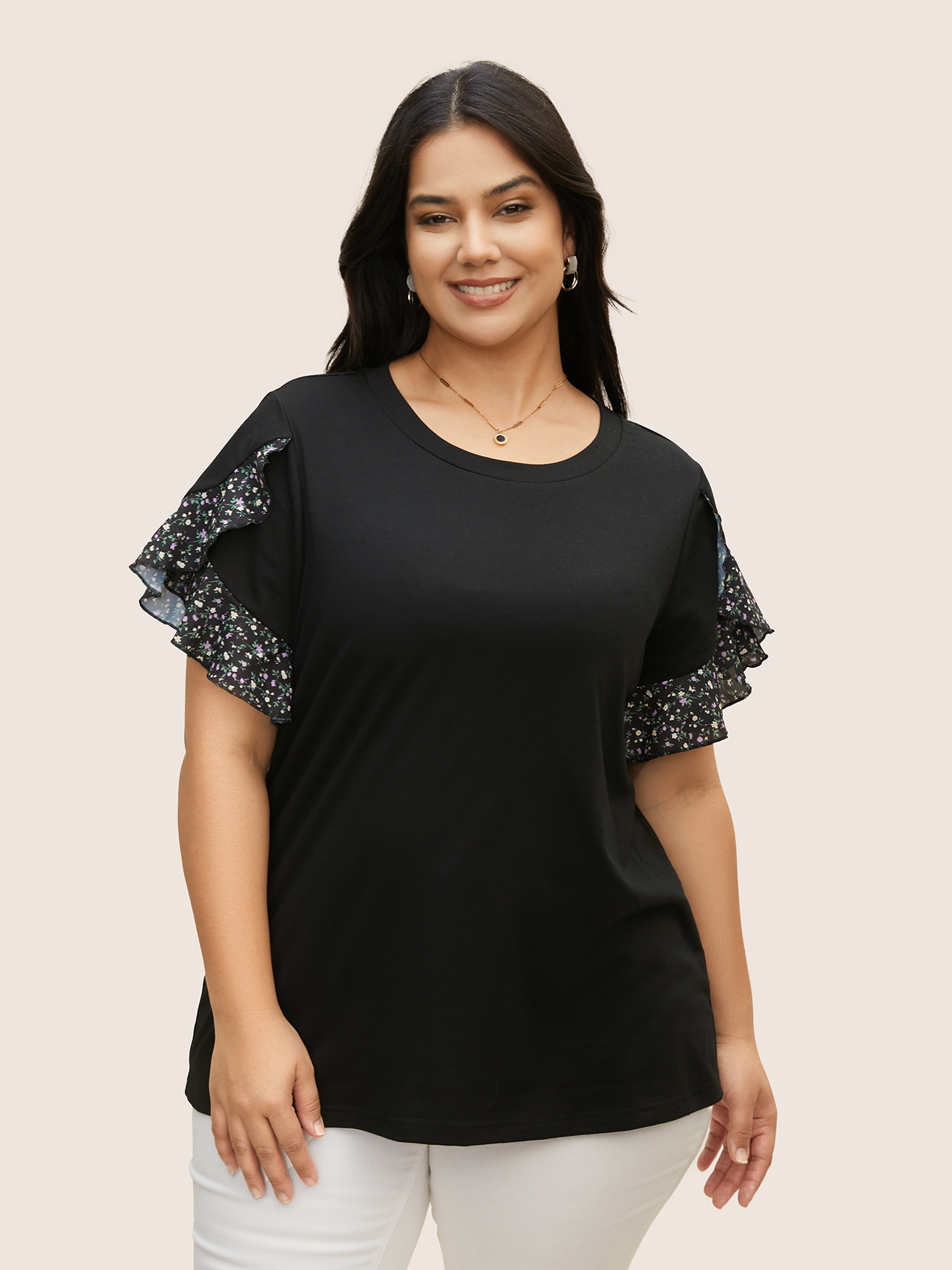 

Plus Size Ditsy Floral Patchwork Petal Sleeve T-shirt Black Women Elegant Patchwork Round Neck Everyday T-shirts BloomChic