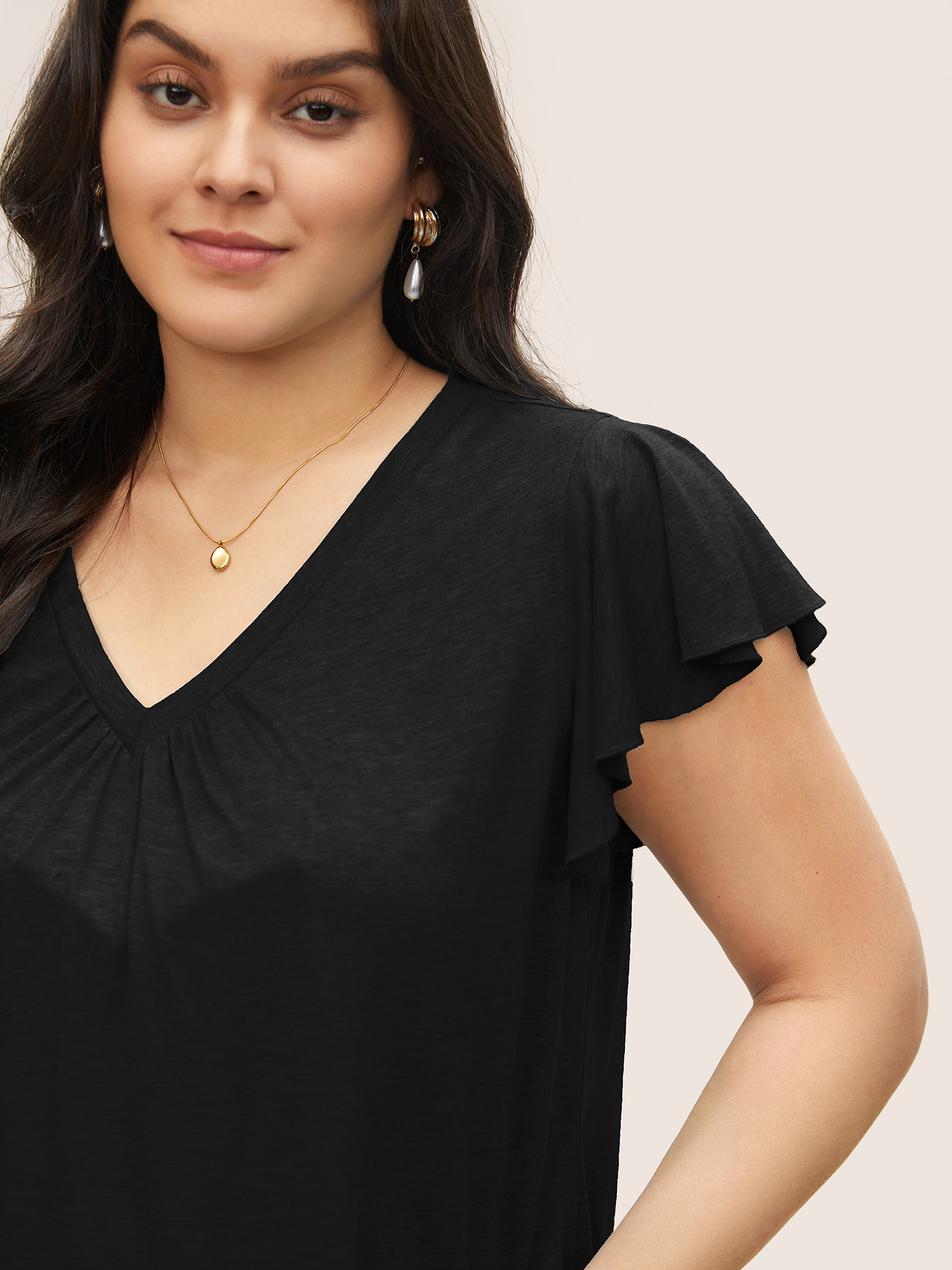 

Plus Size Solid Heather Gathered Ruffle Sleeve T-shirt Black Women Elegant Non V-neck Everyday T-shirts BloomChic