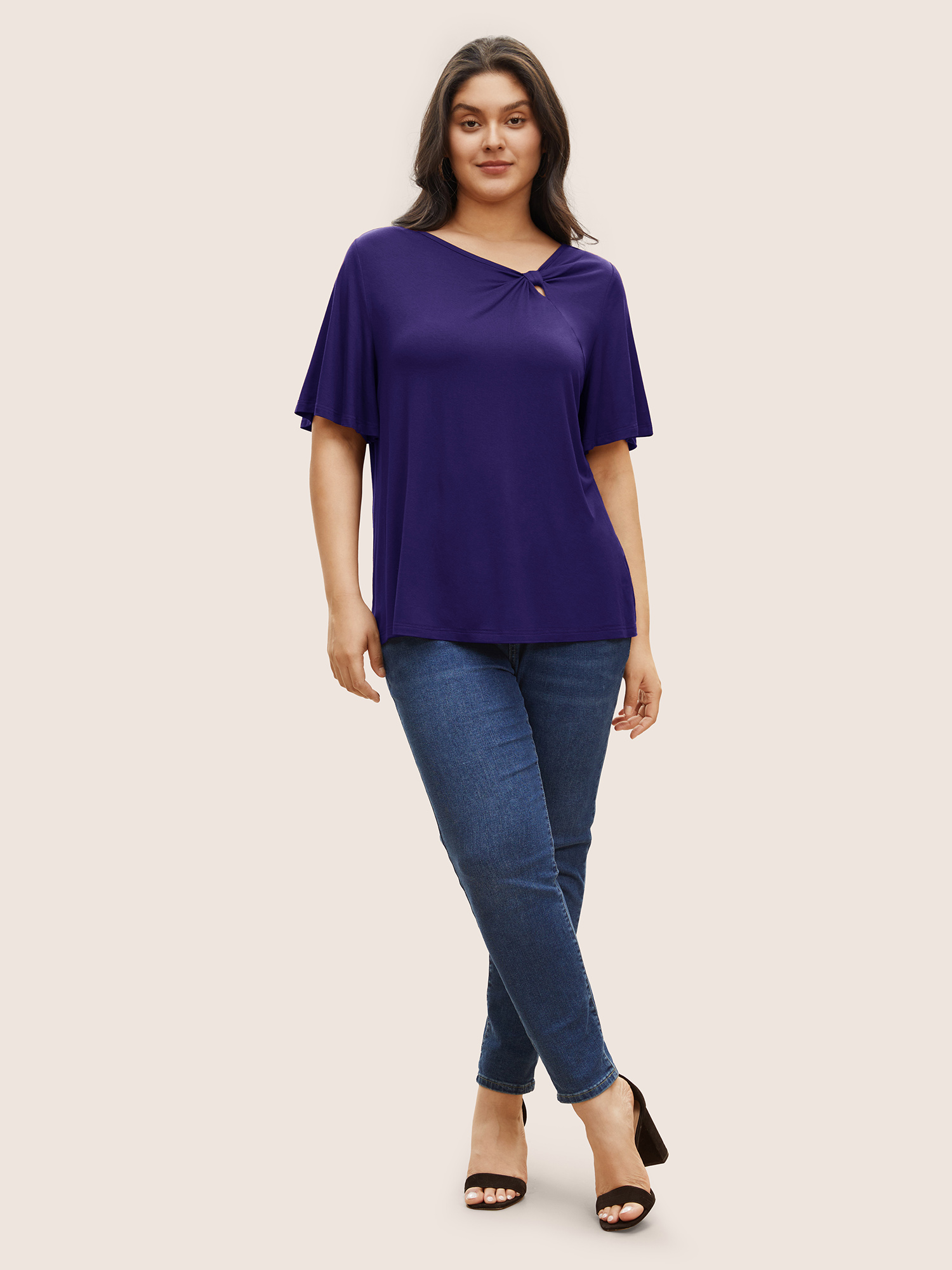 Plus Size Supersoft Essentials Twist Front Asymmetrical Neck T-shirt DarkBlue Women Elegant Non Plain Asymmetrical Neck Everyday T-shirts BloomChic 28/5X 