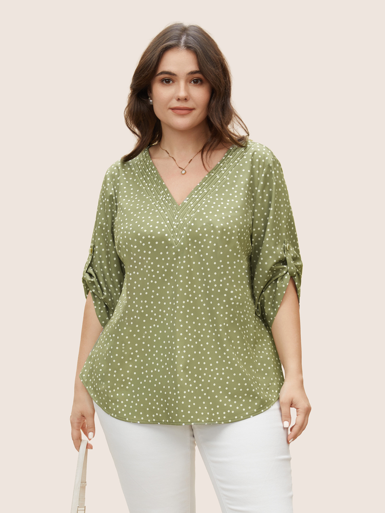 

Plus Size Sage Polka Dot Button Cuff Sleeve Pleated Blouse Women At the Office Elbow-length sleeve V-neck Work Blouses BloomChic