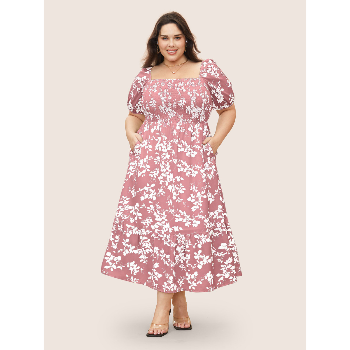 

Plus Size Silhouette Floral Print Shirred Puff Sleeve Dress Rouge Women Gathered Square Neck Short sleeve Curvy Midi Dress BloomChic
