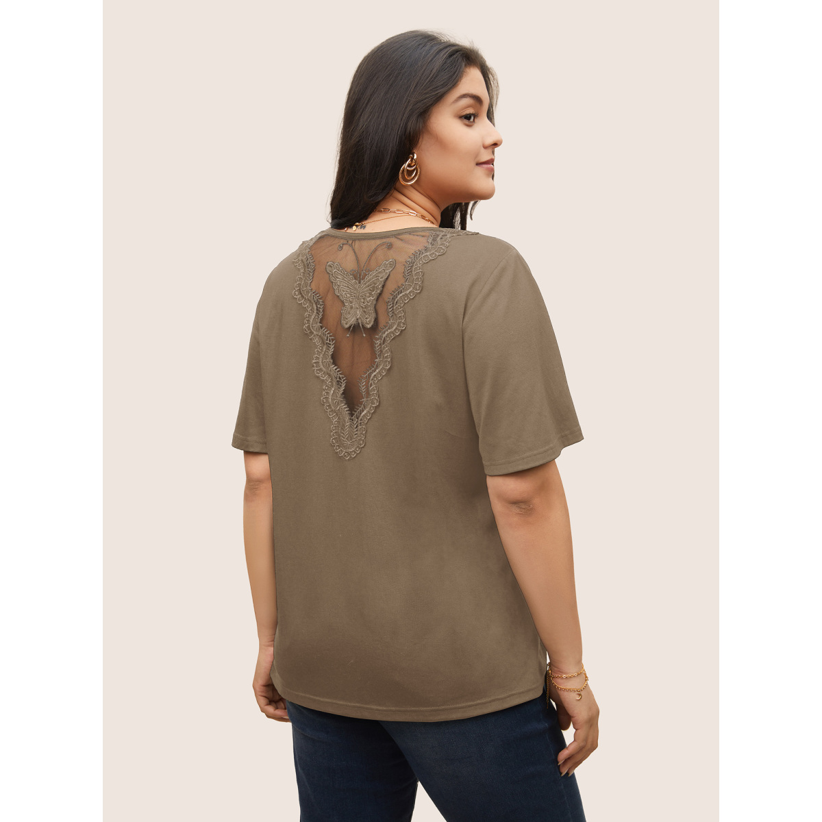 

Plus Size Butterfly Crochet Lace Mesh V Neck T-shirt Bronze Women Elegant See through Animal Round Neck Everyday T-shirts BloomChic