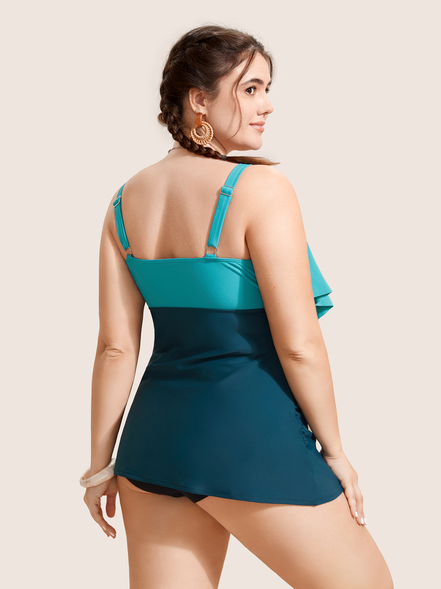 Plus Size Contrast Ruffles Adjustable Straps Swim Top Women`s Swimwear Teal Beach Gathered High stretch Bodycon U-neck Curve Swim Tops BloomChic 10/M 