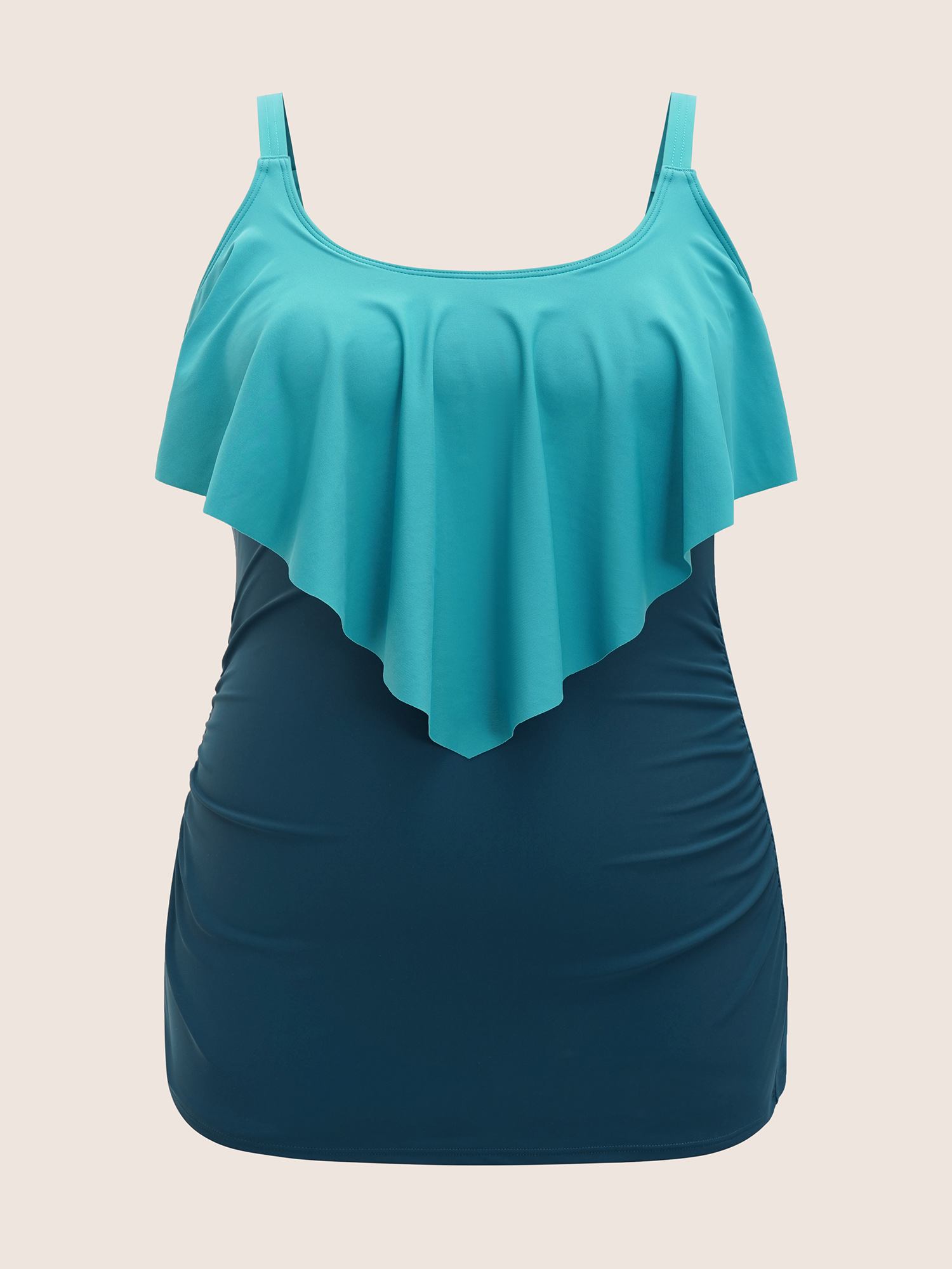 Plus Size Contrast Ruffles Adjustable Straps Swim Top Women`s Swimwear Teal Beach Gathered High stretch Bodycon U-neck Curve Swim Tops BloomChic 10/M 