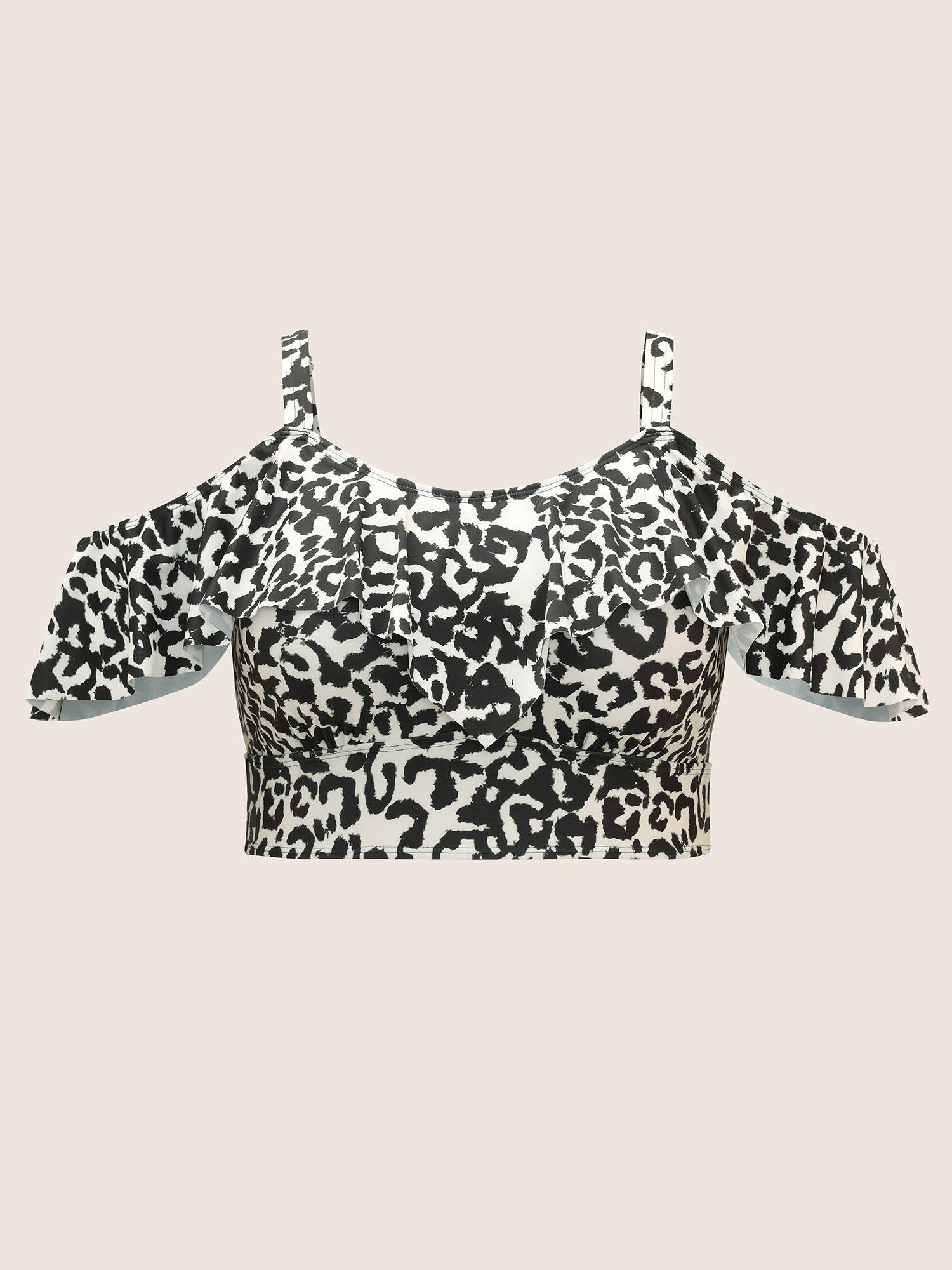Plus Size Leopard Print Ruffles Adjustable Straps Swim Top Women`s Swimwear Beige Beach Ruffles High stretch Bodycon One-shoulder neck Curve Swim Tops BloomChic 22-24/3X 