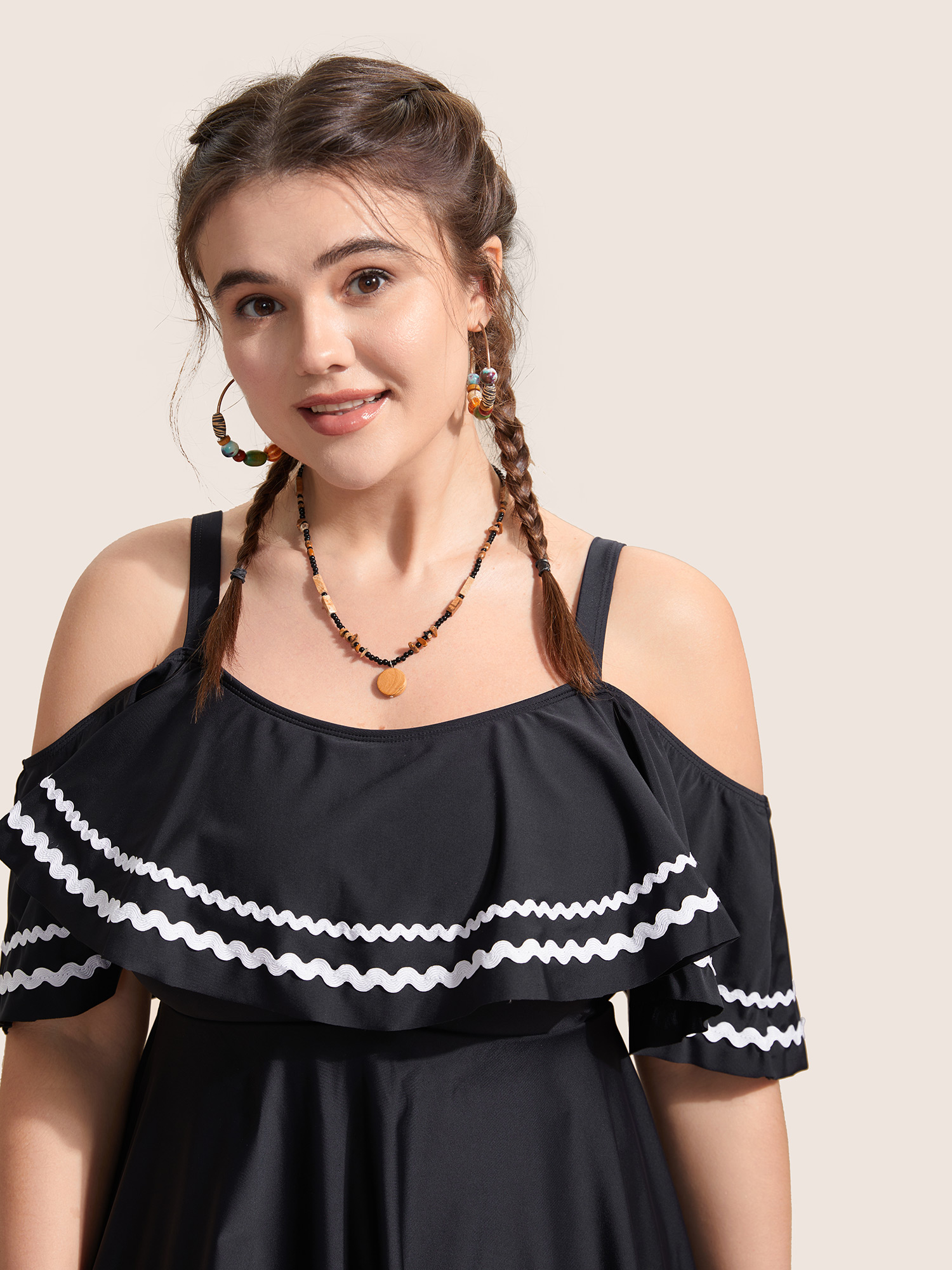 Plus Size One Shoulder Neck Woven Ribbon Swim Dress Women`s Swimwear Black Beach Bodycon One-shoulder neck High stretch Curve Swim Dresses BloomChic 30/6X 