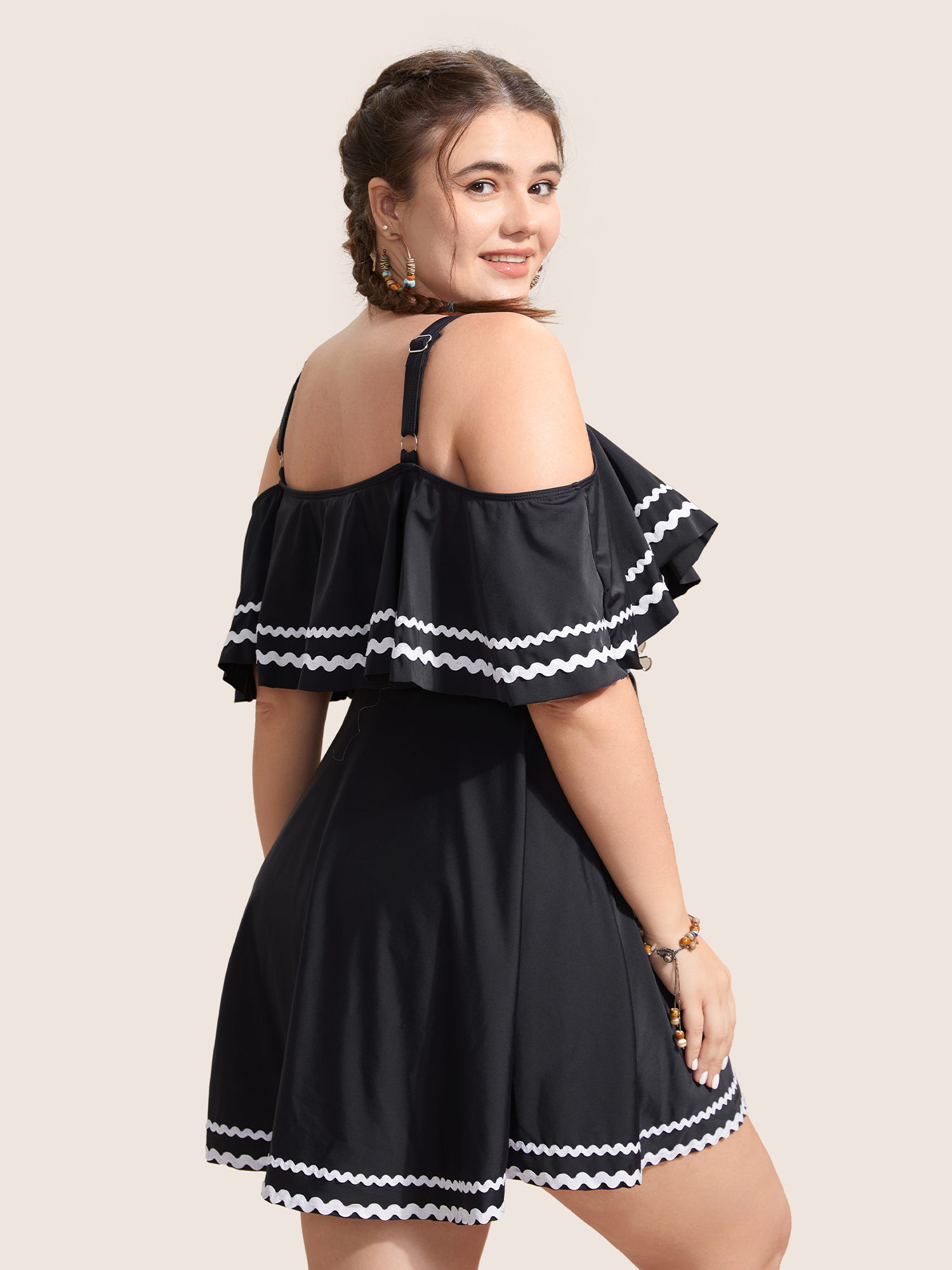 Plus Size One Shoulder Neck Woven Ribbon Swim Dress Women`s Swimwear Black Beach Bodycon One-shoulder neck High stretch Curve Swim Dresses BloomChic 30/6X 