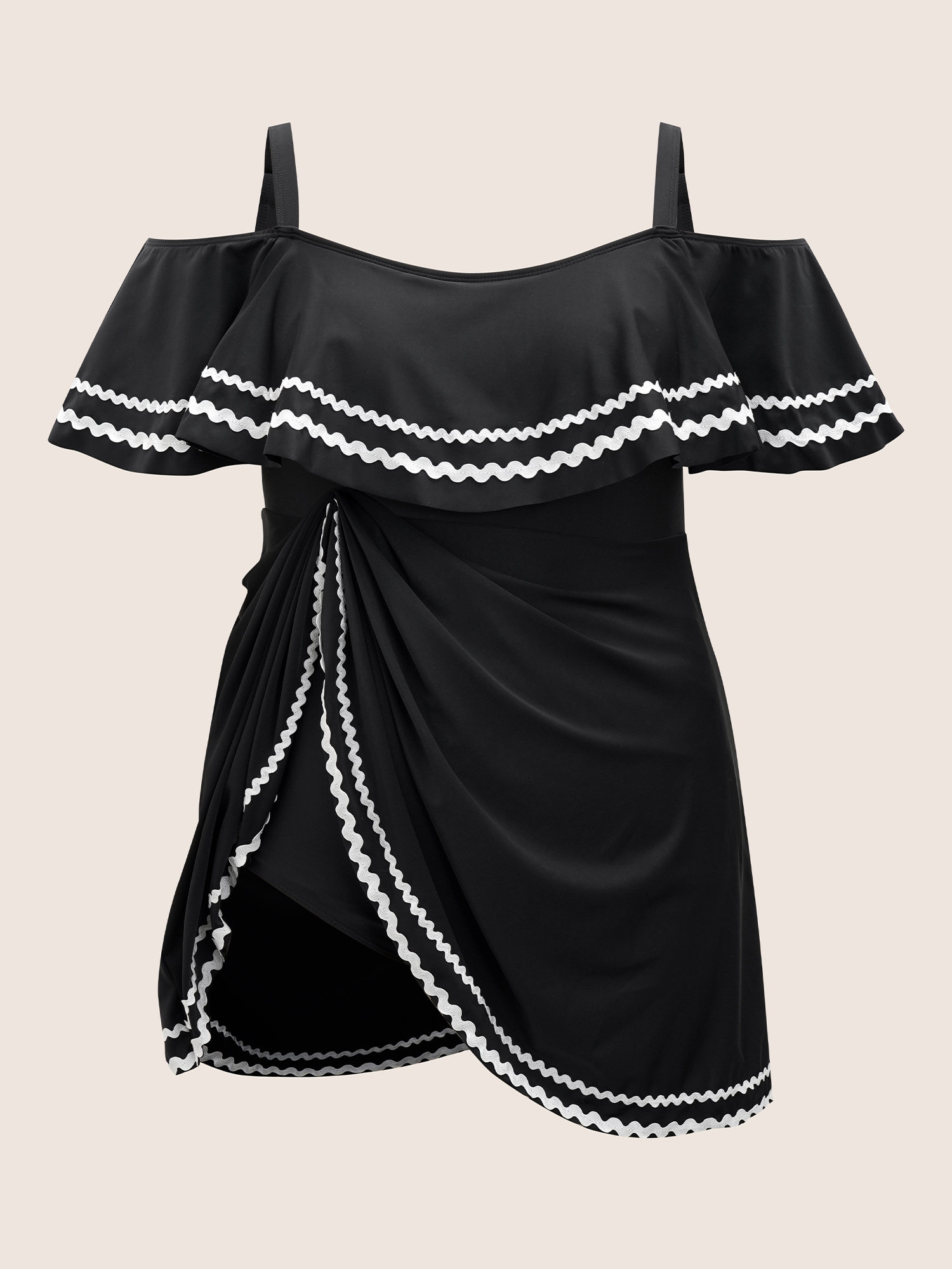 Plus Size One Shoulder Neck Woven Ribbon Swim Dress Women`s Swimwear Black Beach Bodycon One-shoulder neck High stretch Curve Swim Dresses BloomChic 30/6X 
