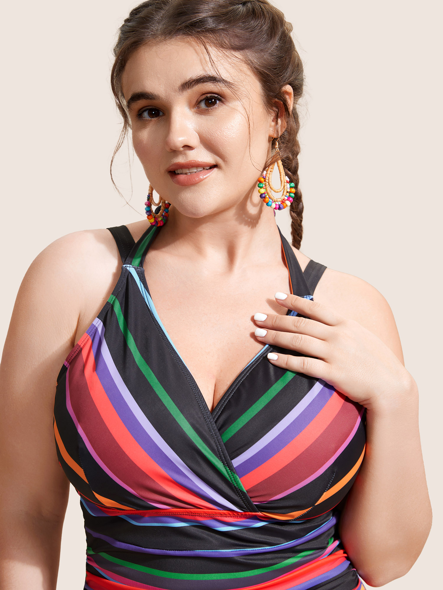 Plus Size Contrast Striped Tie Knot One Piece Swimsuit Women`s Swimwear Multicolor Beach Tie knot Curve Bathing Suits High stretch One Pieces BloomChic 14-16/1X 