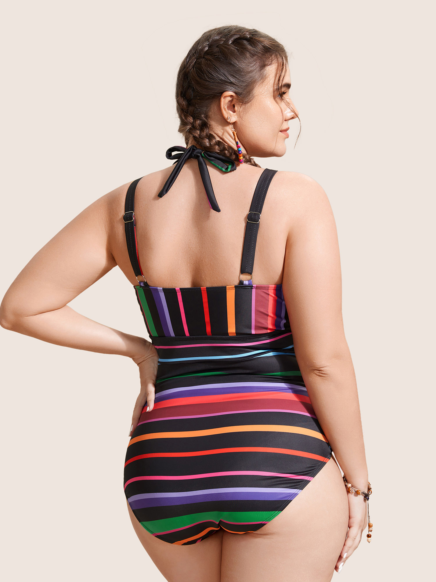 Plus Size Contrast Striped Tie Knot One Piece Swimsuit Women`s Swimwear Multicolor Beach Tie knot Curve Bathing Suits High stretch One Pieces BloomChic 14-16/1X 
