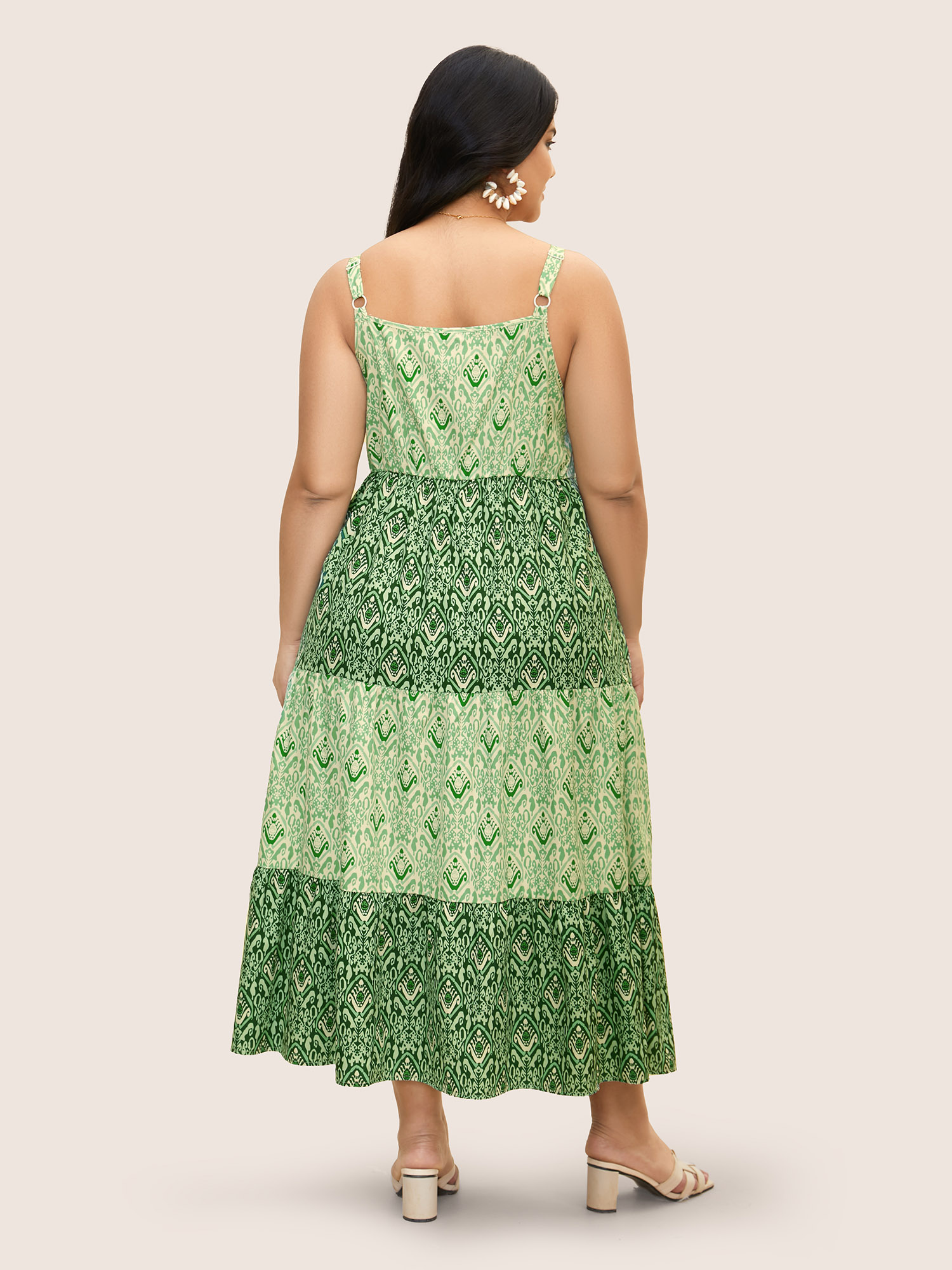 

Plus Size Boho Print Frill Trim Ruffle Layered Hem Dress Moss Women V-neck Sleeveless Curvy BloomChic