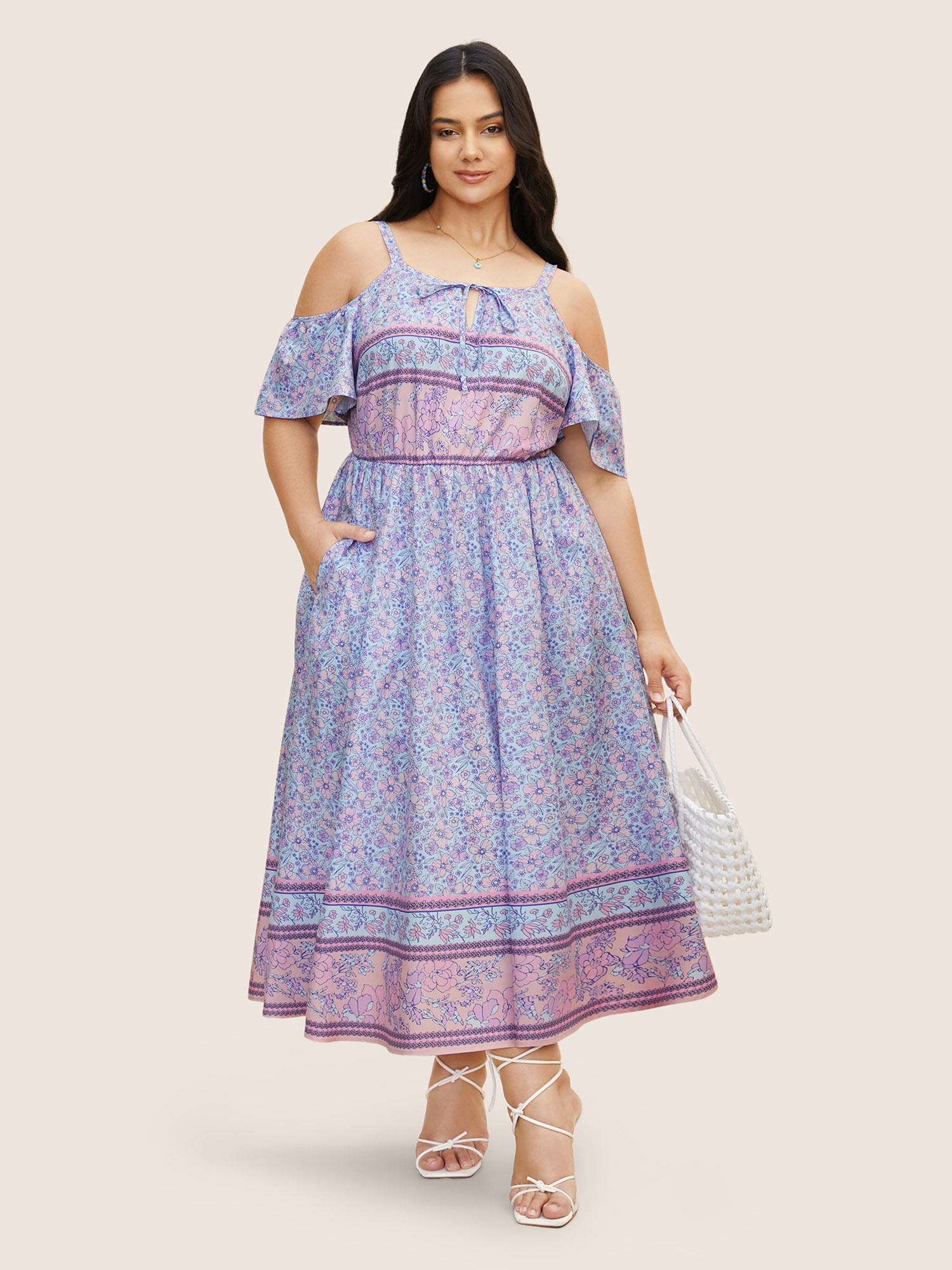 

Plus Size Bandana Print Cold Shoulder Tie Knot Dress Lavender Women Resort Tie knot Round Neck Short sleeve Curvy BloomChic