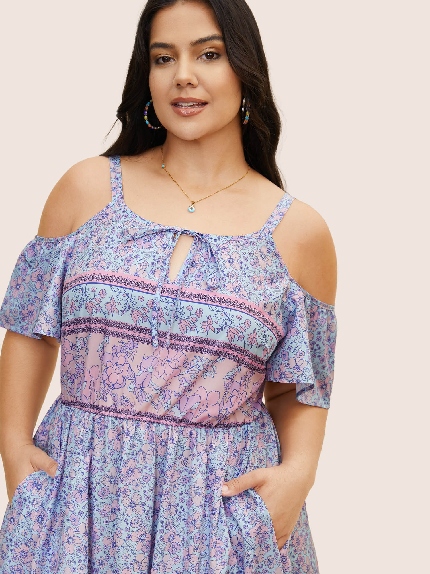 Plus Size Bandana Print Cold Shoulder Tie Knot Dress Lavender Women Tie knot Round Neck Short sleeve Curvy BloomChic 12/L 