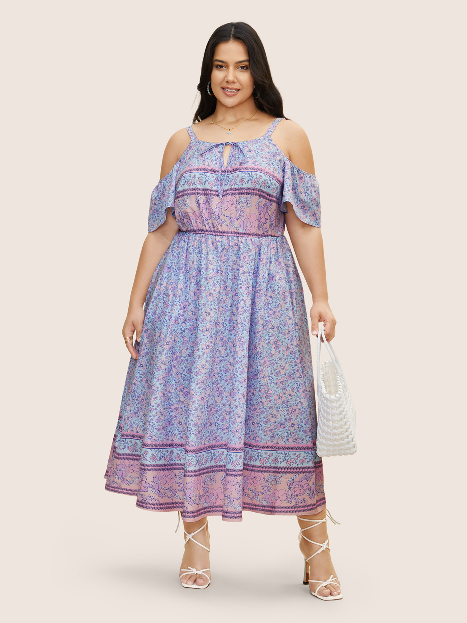Plus Size Bandana Print Cold Shoulder Tie Knot Dress Lavender Women Tie knot Round Neck Short sleeve Curvy BloomChic 12/L 