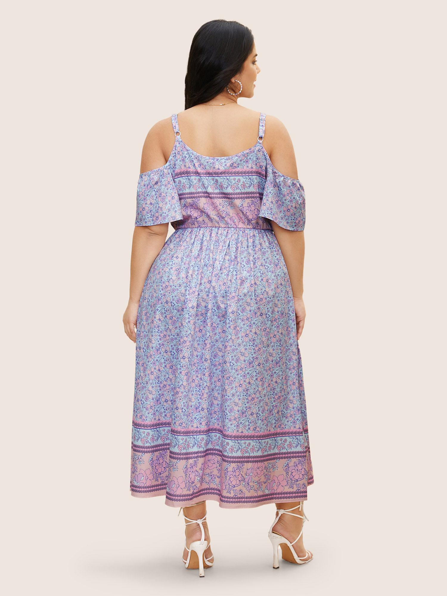 Plus Size Bandana Print Cold Shoulder Tie Knot Dress Lavender Women Tie knot Round Neck Short sleeve Curvy BloomChic 12/L 