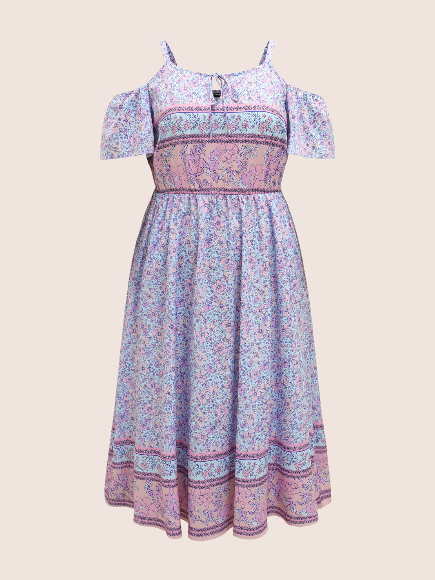 Plus Size Bandana Print Cold Shoulder Tie Knot Dress Lavender Women Tie knot Round Neck Short sleeve Curvy BloomChic 12/L 